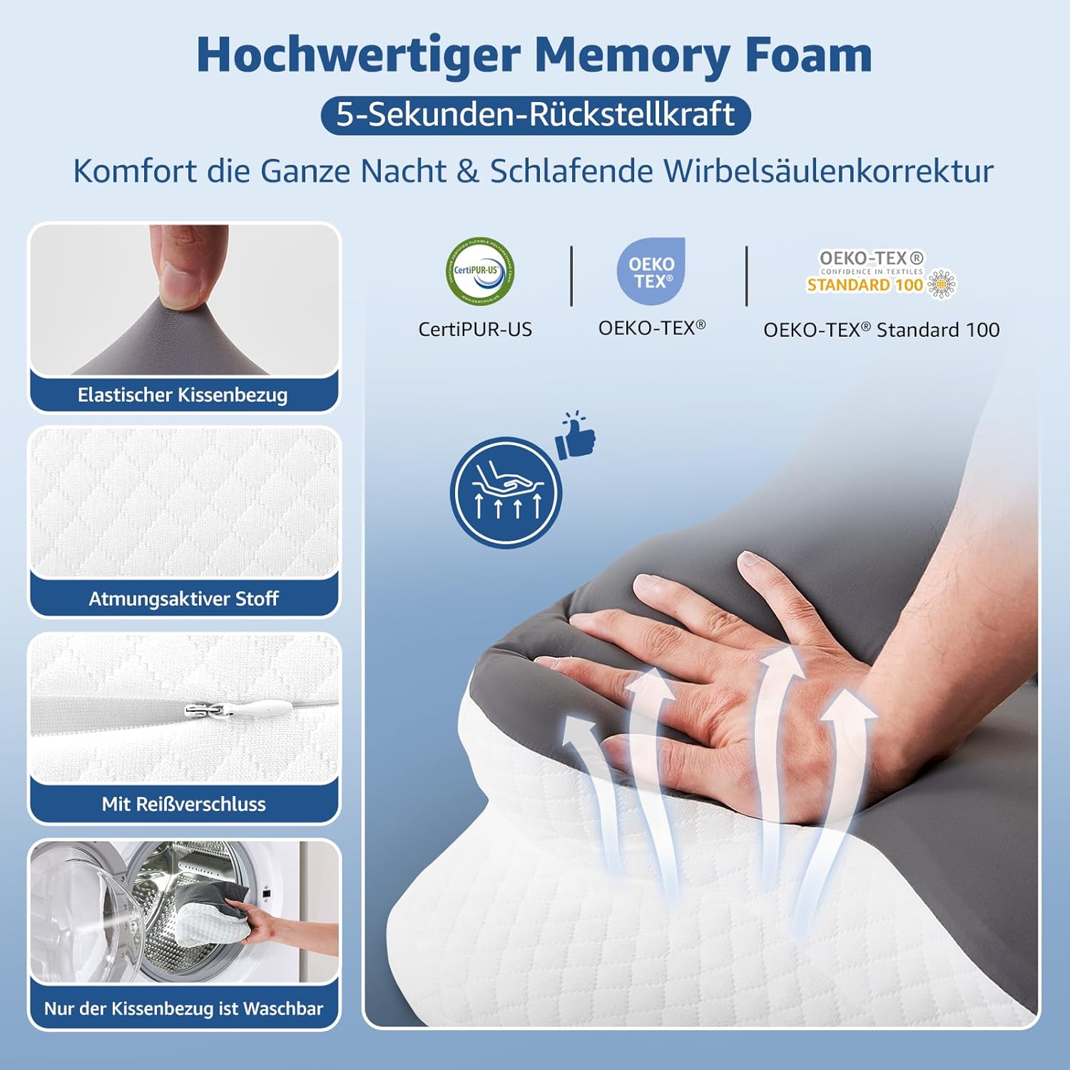 BRO Upgrade Ergonomisches orthopädisches Memory-Schaum-Kissen – Nackenstützkissen mit atmungsaktivem, abnehmbarem Kissenbezug für Seiten-, Rücken- und Bauchschläfer, Grau – Bild 6