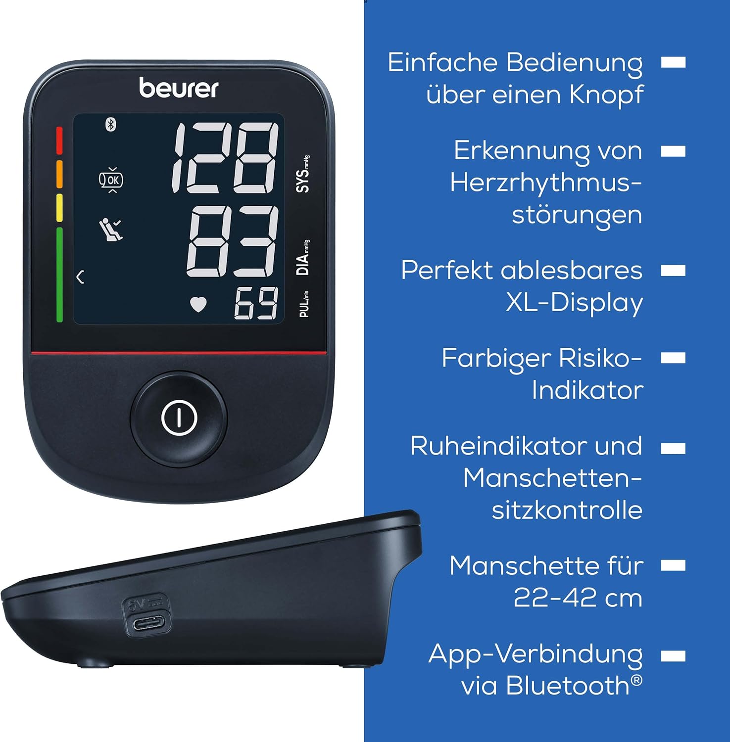 Beurer BM 48 Oberarm-Blutdruckmessgerät, einfache Ein-Knopf-Bedienung, schonende & schnelle Messung, Arrhythmie-Erkennung, Manschette, mit App, Datenübertragung an Apple Health und Co., schwarz – Bild 8