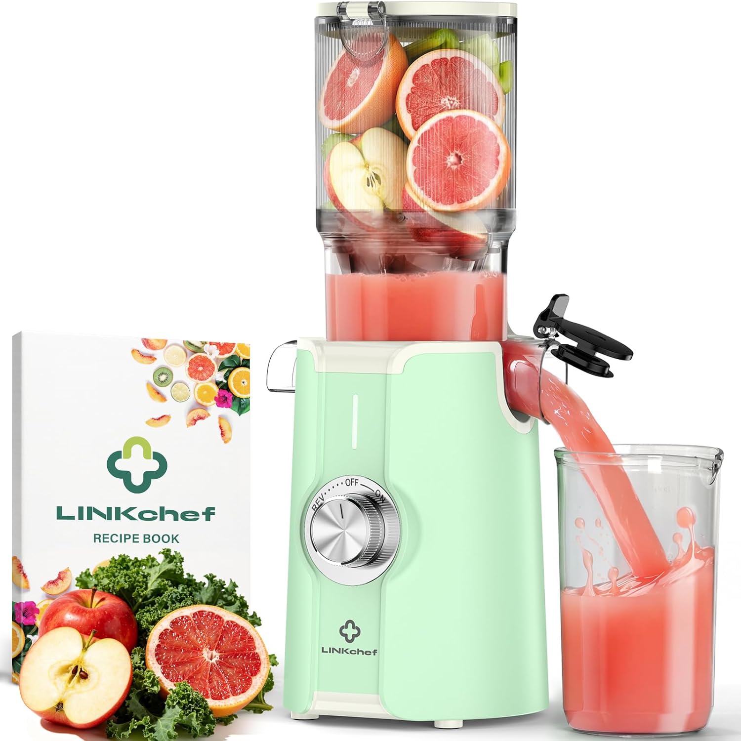 LINKChef Slow Juicer, 115 mm große Einfüllöffnung für Entsafter, Gemüse und Obst, Testsieger, Kaltentsafter 200 W, BPA-frei, leicht zu reinigen und zu montieren, hellgrün