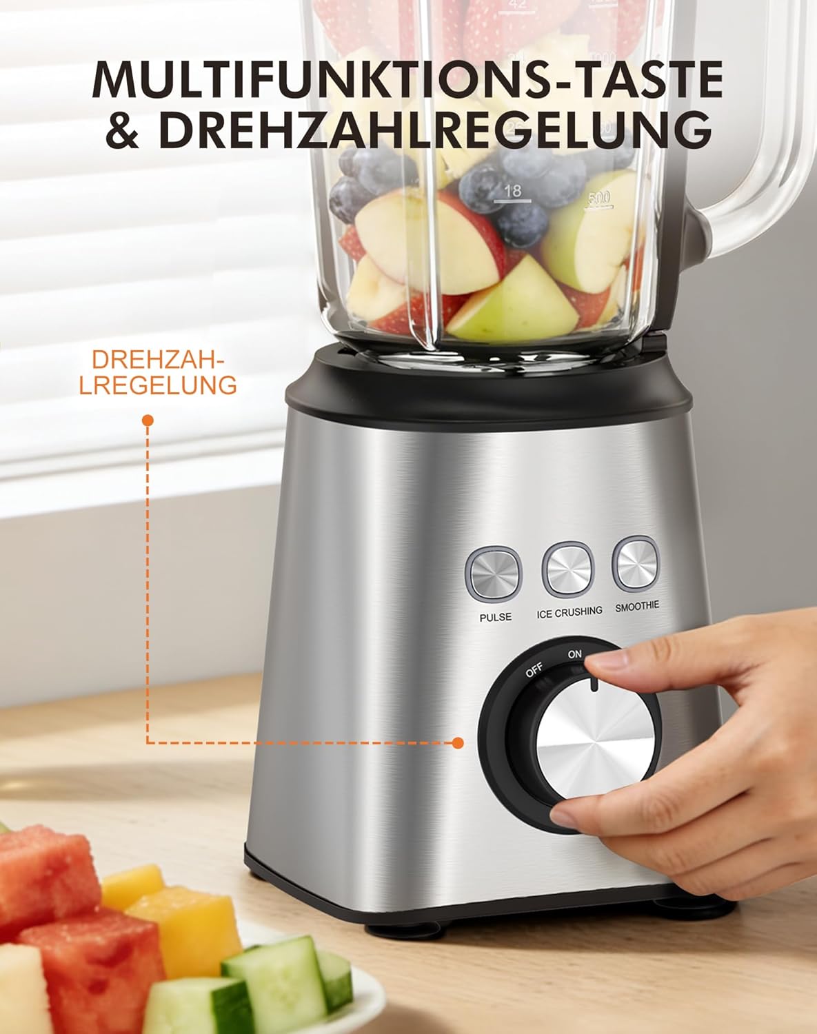 Mixer, Smoothie Maker & Standmixer, Schnellmixer, Smoothie Maker, 1,5 L Glasbehälter & 600 ml, 1.000 W, 24.000 U/min, 3 Programme, stufenlose Geschwindigkeit, Edelstahl, für Smoothies, Mixen – Bild 4