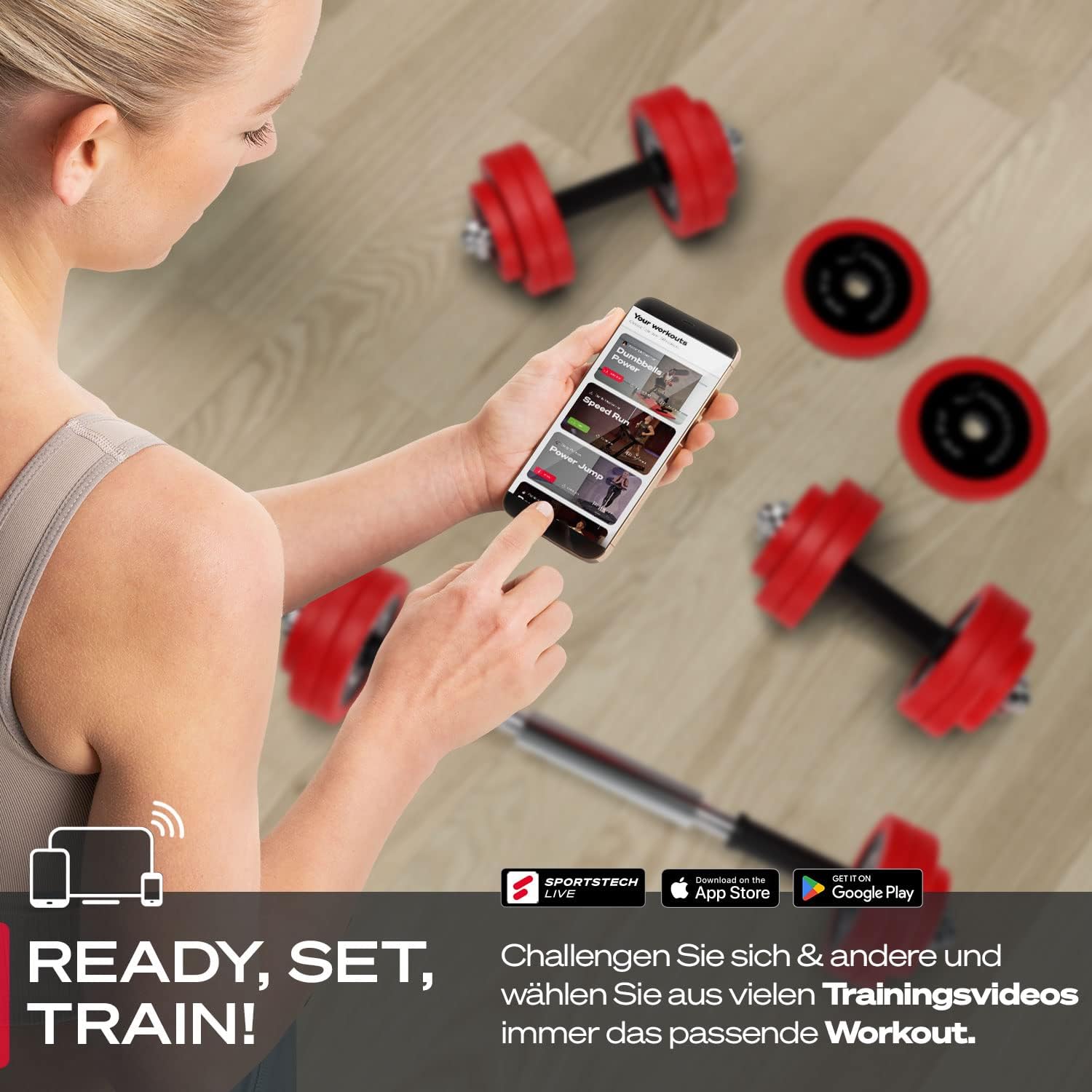 Sportstech 2-in-1 Hantelset mit Silikonhülle, deutsche Qualitätsmarke, Hanteln und Langhantel in einem, Hanteln mit 20 kg / 30 kg aus Gusseisen, effektives Fitness-Krafttraining, AH300, – Bild 7