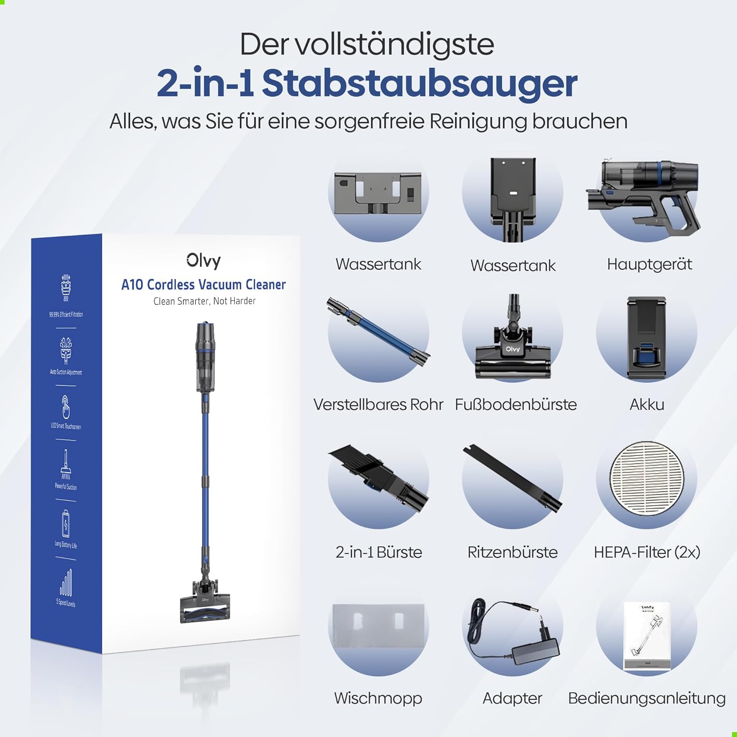 Olvy Akku-Staubsauger mit Wischfunktion, Tierhaare/Teppiche/Hartböden, kabellos 2-in-1, beutellos, 35 KPA Saugleistung, 5 Stufen, LED-Display, leichter Staubsauger mit HEPA-Filter & Zubehör – Bild 11