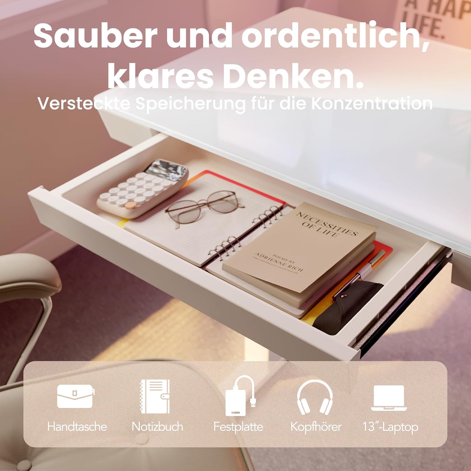 HUANUO 88 x 50 cm höhenverstellbarer Schreibtisch aus Glas mit Schublade, höhenverstellbarer Schreibtisch, ganze Tischplatte, USB-Ladeanschluss und 3 Speicherfunktionen, Weiß – Bild 5