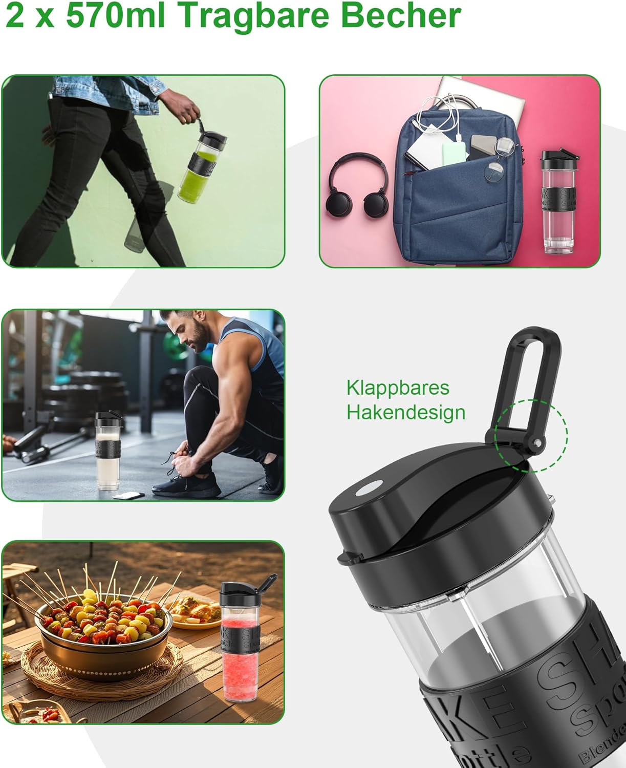 Mixer, Smoothie Maker, 500 W Mini-Standmixer mit 2 x 570 ml Tritan BPA-freier Flasche, tragbarer Edelstahlmixer, geräuscharm, leicht zu reinigendes 4-Klingen-System, für jede Art von Shake und Smoothie – Bild 6