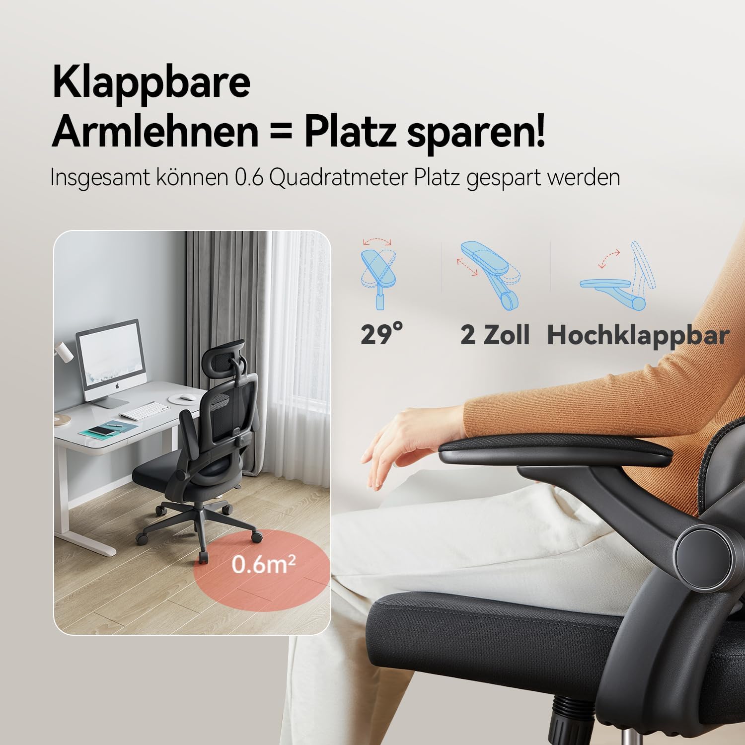 SIHOO M102C Ergonomischer Bürostuhl aus Netzstoff, Schreibtischstuhl mit hoher Rückenlehne, 3D-Armlehnen, Auf- und Ab-Lendenwirbelstütze, drehbarer Computer-Arbeitsstuhl, Schwarz – Bild 6