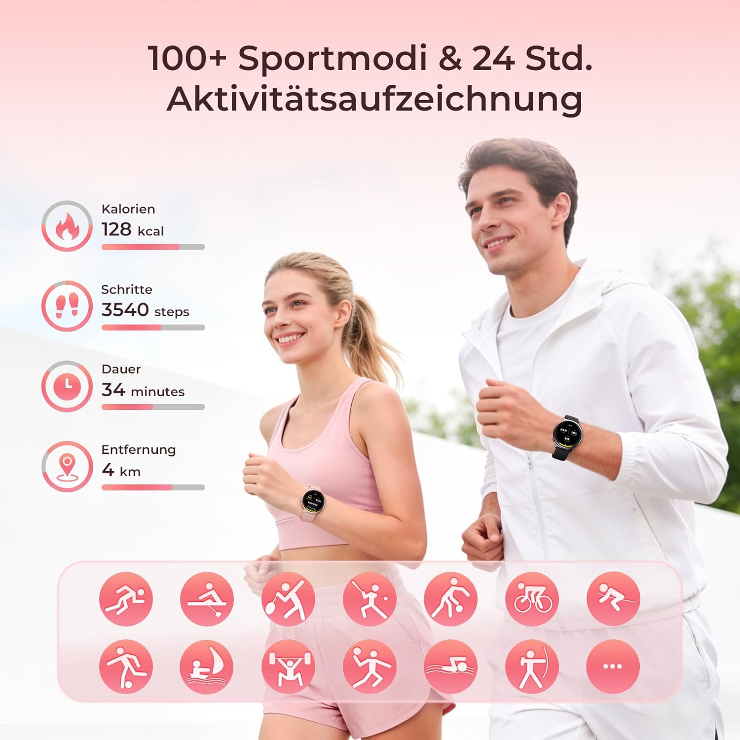 Damen-Smartwatch mit Telefonfunktion, 7,9 mm ultradünn, 1,32 Zoll AMOLED (1000 Nits/466 x 466), Fitnessuhr mit 2 Armbändern, 100+ Sportmodi, SpO2/Puls/Schlafmonitor, IP68 wasserdicht, iOS Android, Roségold – Bild 6