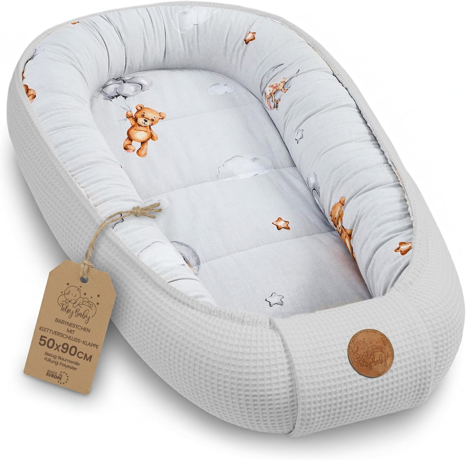 Babynest für Neugeborene/Babys, handgefertigter doppelseitiger Waffel-Pique-Baumwollkokon, 90 x 50 cm, Teddybären