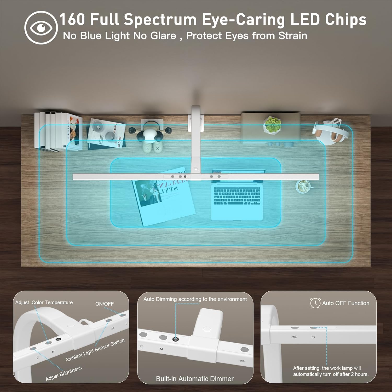 EYOCEAN LED-Schreibtischlampe mit automatischer Dimmung, 80 cm Vollspektrum-Tischlampe, klemmbar mit einstellbaren Farbtemperaturen, Augenschutz-Tageslichtlampe, Klemmleuchte, Monitorlampe mit Timer-Funktion – Bild 4