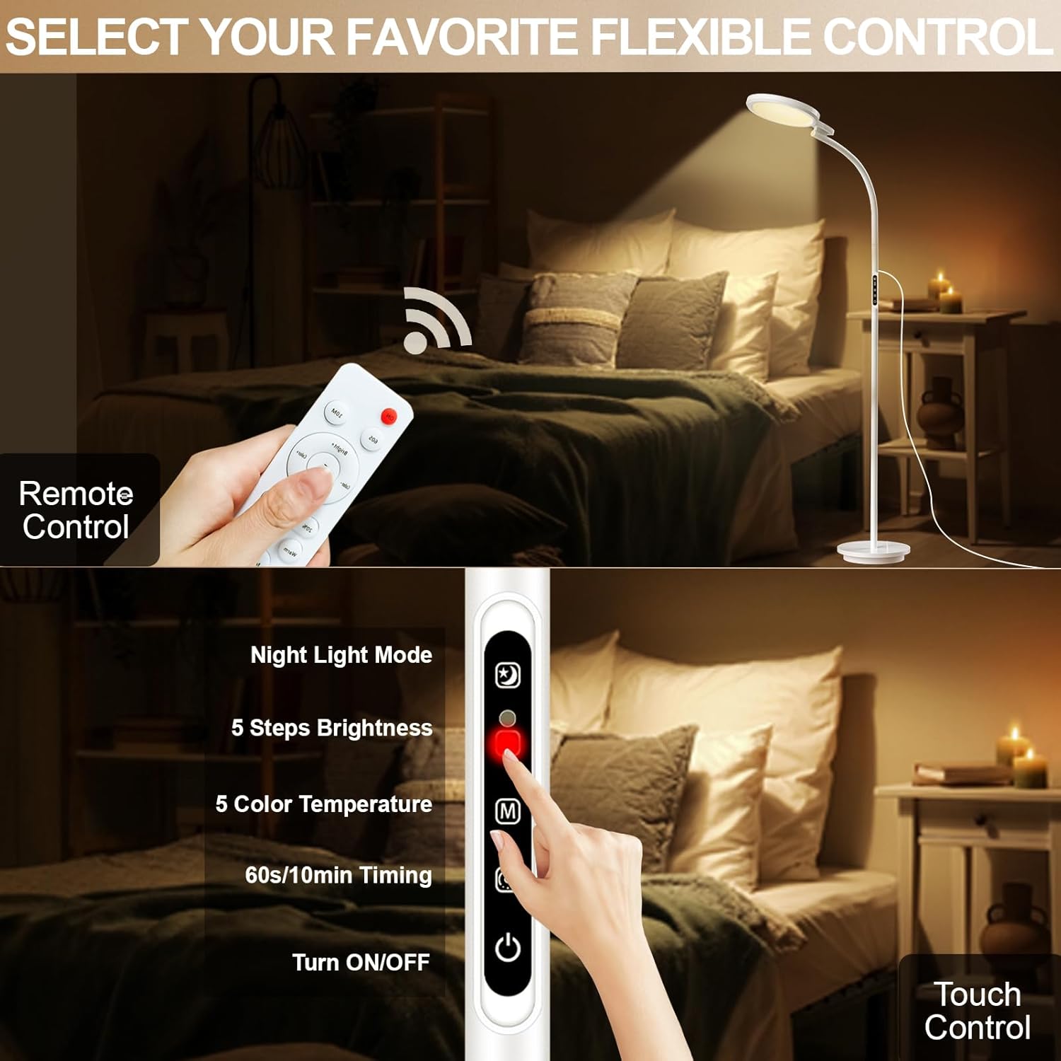 Tageslichtlampe Stehleuchte 10.000 Lux, UV-freie Sonnenlichtlampe mit Touchpanel & Fernbedienung, 5 Farbtemperaturen, 5 Helligkeitsstufen, höhenverstellbar mit flexiblem Schwanenhals – Bild 4