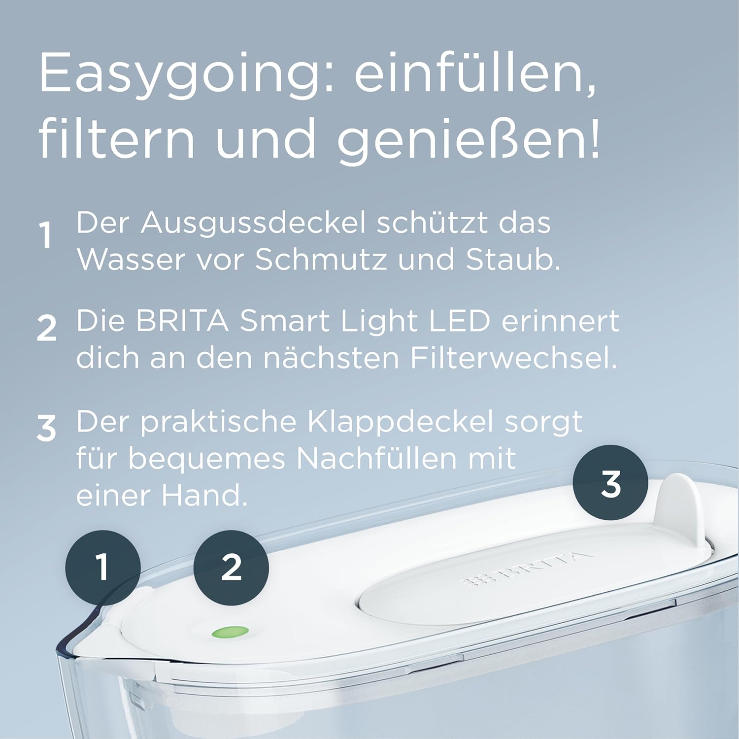 BRITA Style Essential Wasserfilterkanne weiß (2,4 l) inklusive 4 x BRITA Maxtra Pro Extra Kalkschutz – kühlschrankgeeignete Filterkanne mit Smart Light LED & Klappdeckel, filtert Verunreinigungen und mehr – Bild 3
