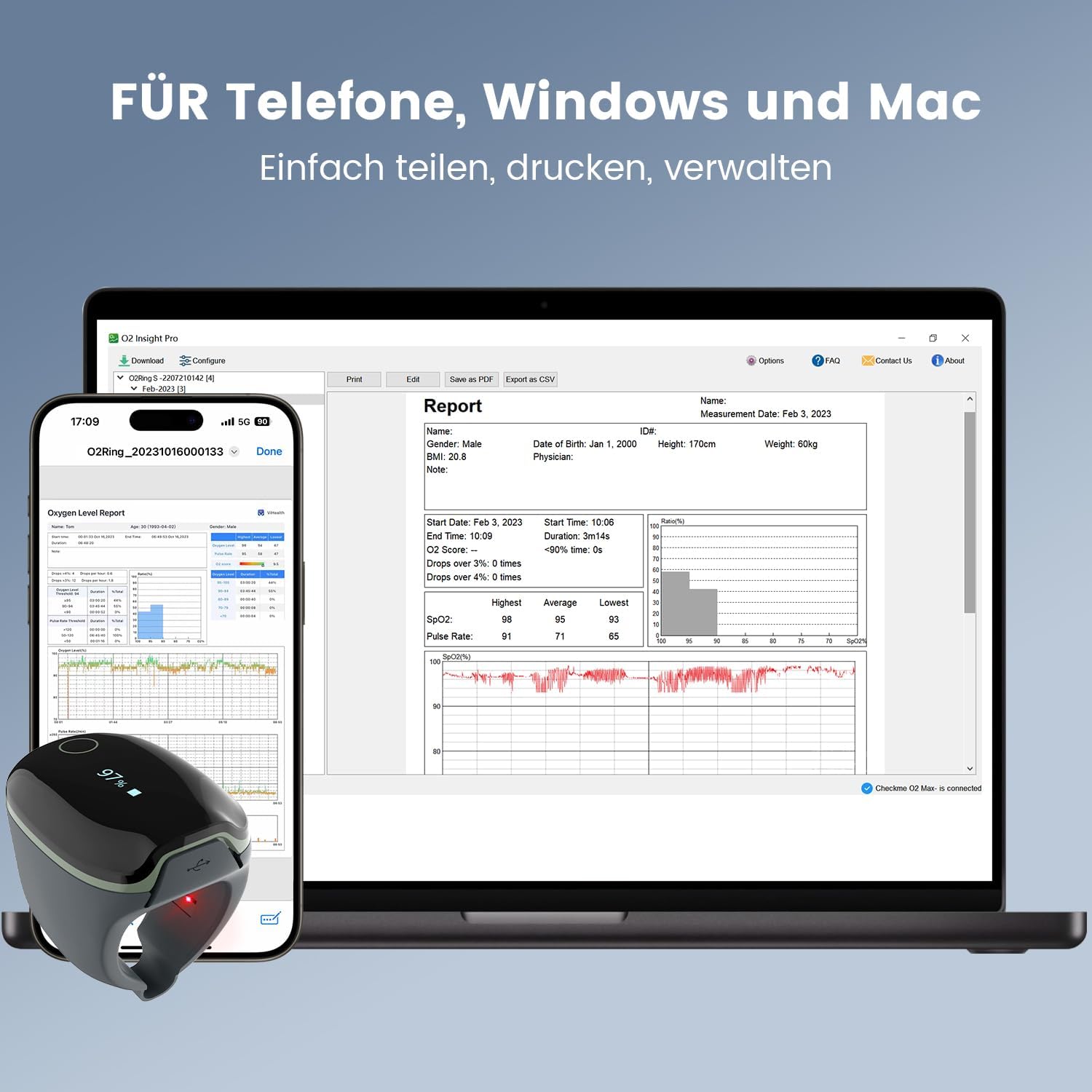 ViATOM O2ring Bluetooth Oximeter, Pulsoximeter Fingertip für kontinuierliche Überwachung Nachts, Schlafoximeter zur Messung von SpO2 & Herzfrequenz (Erweiterte Funktionen) – Bild 6