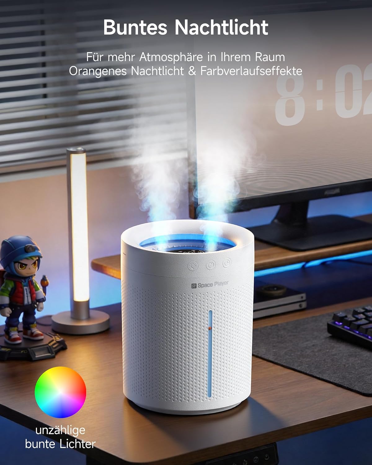 Space Player Luftbefeuchter Schlafzimmer Leise 3L Top-Fill Ultraschall Kabellos 4000 mAh Akku Kaltnebel-Luftbefeuchter mit Timer 2–8 Stunden automatische Abschaltung Nachtlicht für Baby-, Kinderzimmer-, Büropflanzen – Bild 9