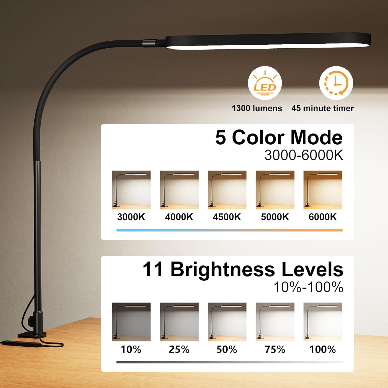 SKYLEO LED-Schreibtischlampe – Schreibtischlampe klemmbar 1300 LM – flexibler Schwanenhals – 5 Farbmodi x 11 Helligkeitsstufen – Timmer- und Memory-Funktion – 12 W Schreibtischlampe – Schwarz – Bild 2