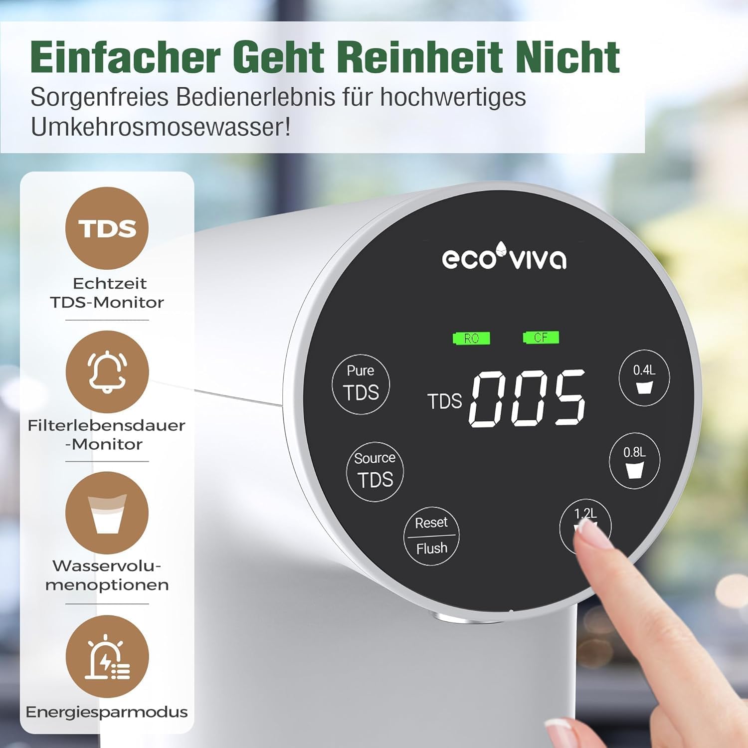 Ecoviva WP-RO-200G Tischosmoseanlage, Trinkwasser-Umkehrosmoseanlage mit 5-stufiger Filterung, Echtzeit-TDS-Monitor, 3:1 Reinheit zum Abfluss, mobiler Umkehrosmose-Wasserfilter, keine Installation – Bild 4
