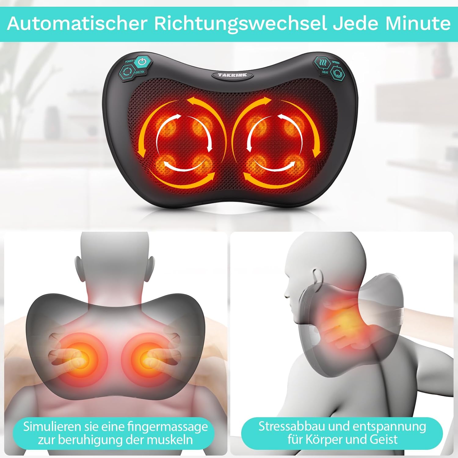 TAKRINK Shiatsu-Massagekissen, Nackenmassagegerät, Rückenmassagegerät mit 8 Knoten und 3 Geschwindigkeiten, tiefes Gewebekneten, leises Massagegerät für Nacken, Schulter, Rücken, mit 1,8 m Autokabel für Männer und Frauen – Bild 3
