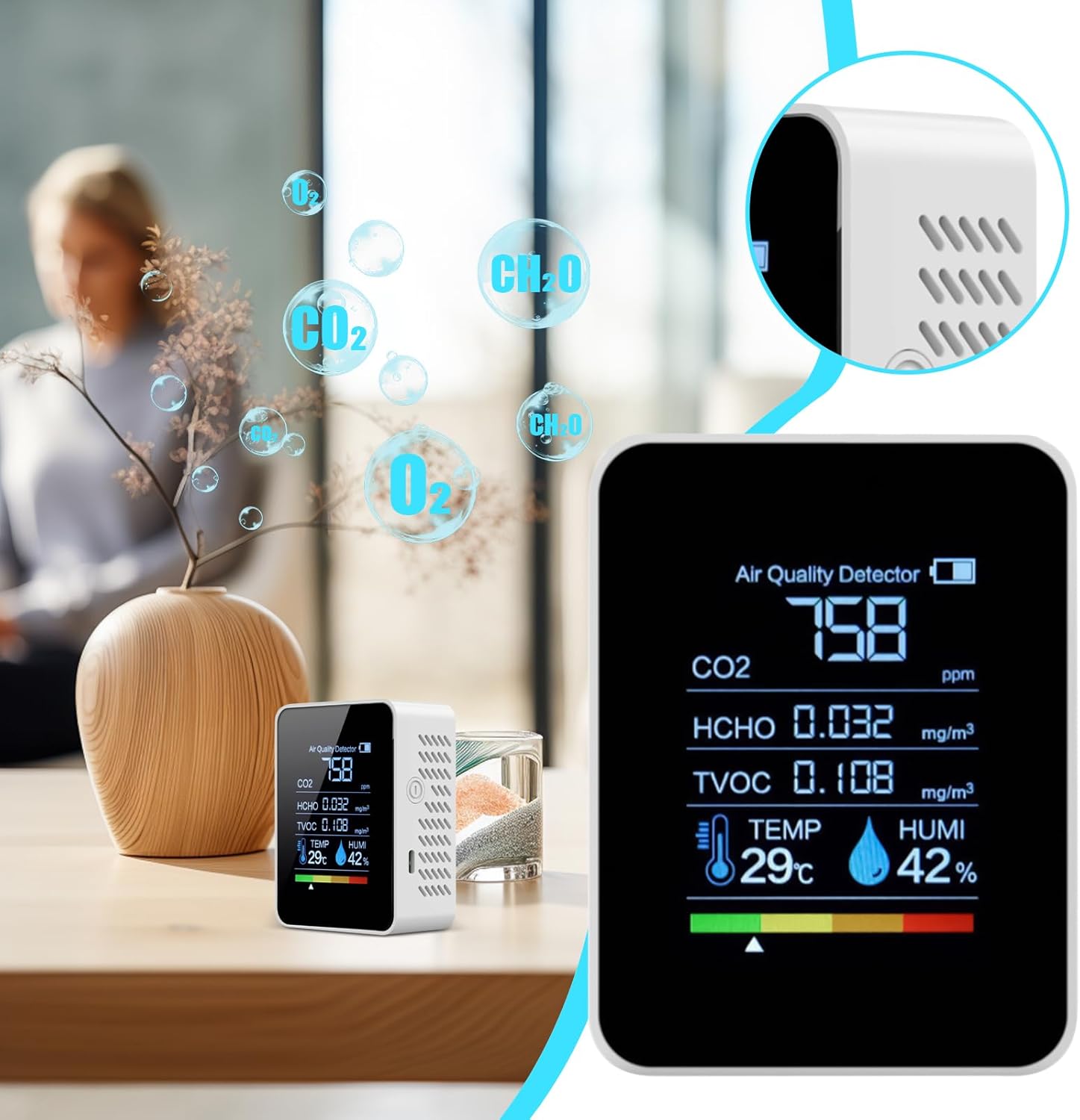Luftqualitätsmonitor für den Innenraum – Luftdetektor-Tester, Co₂-Messung, Feinstaub PM2.5, VOC, Temperatur und Luftfeuchtigkeit, digitale Anzeige | Ideal für Zuhause, Büro, Schule – Bild 7