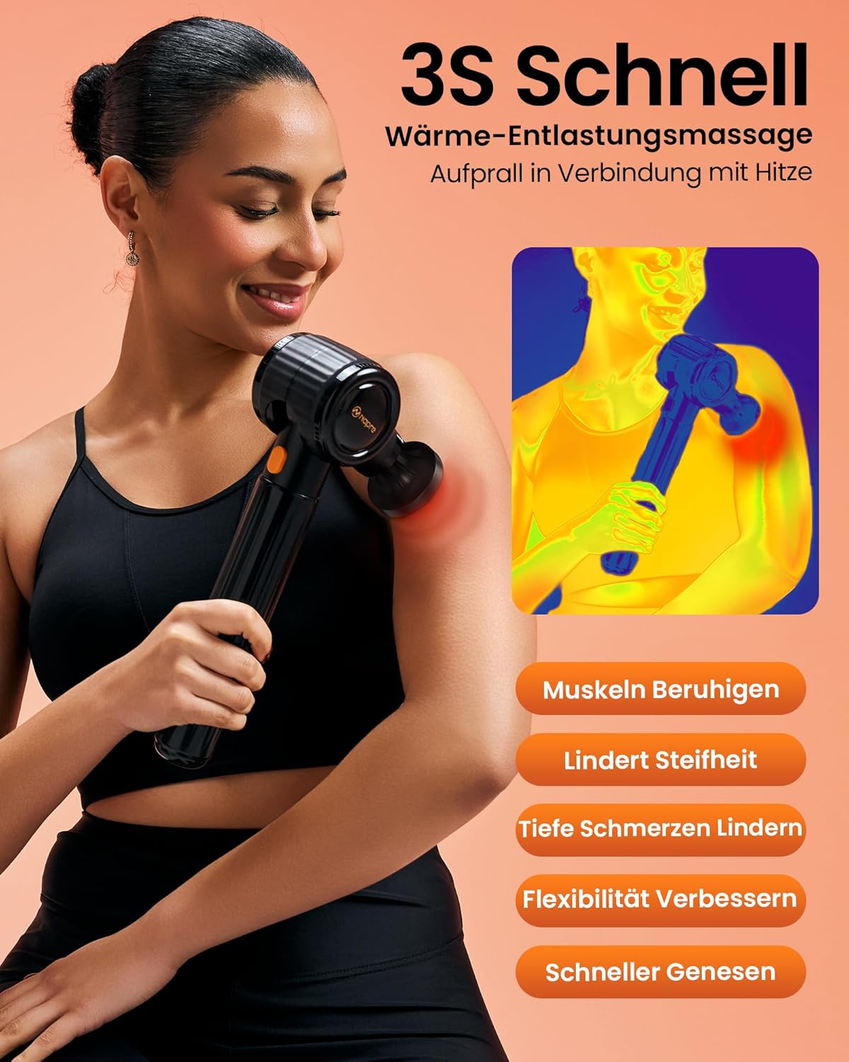 Massagepistole mit Wärmefunktion und Rotlichttherapie, Napre-Massagepistole mit Verlängerungsgriff und 3 verstellbaren Winkeln, Muskel-Percussion-Massagegerät zur Rücken-/Nackenentspannung – Bild 4