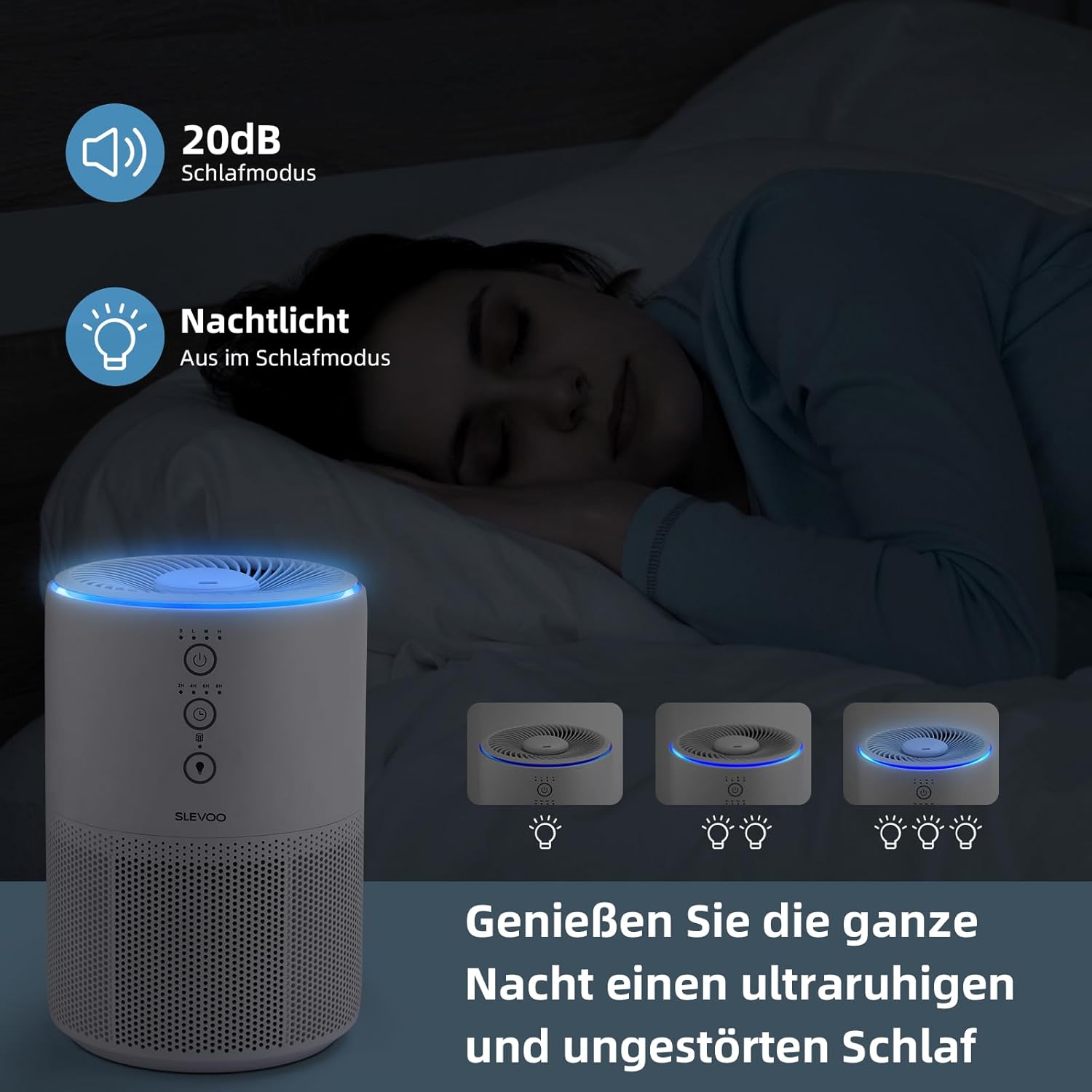 Slevoo Luftreiniger für Zuhause, Tierhaarallergie, 3-in-1 HEPA-Filter, CADR 200 m³/h, Schlafmodus, gegen Tierhaare, Rauch & Gerüche, energiesparend, 03 Pro Max, Weiß – Bild 5