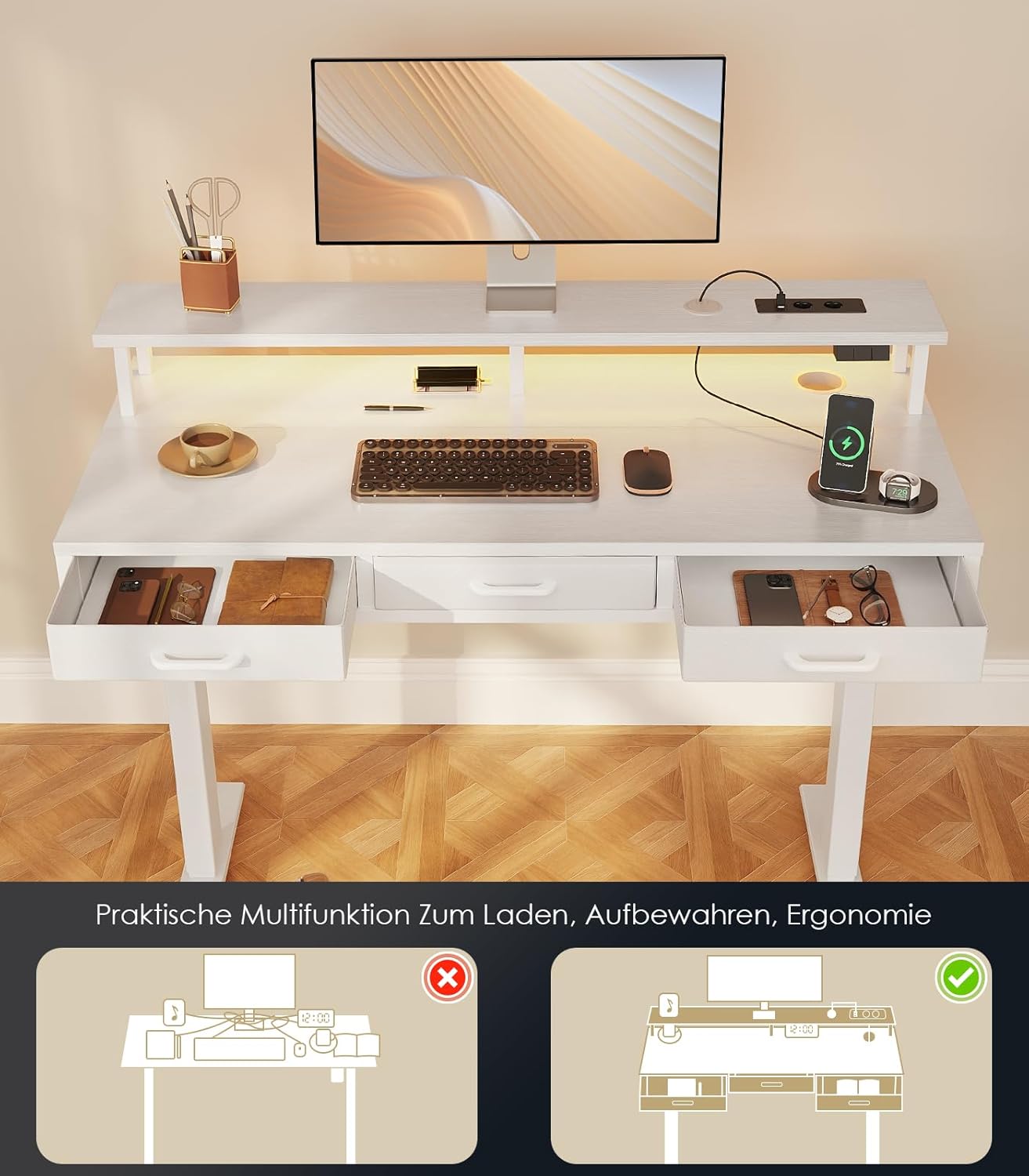 OffiGo Höhenverstellbarer Schreibtisch mit Monitorständer, 120 cm elektrischer Schreibtisch mit Schubladen, Stehpult mit Steckdosen und Lichtleiste, Tisch höhenverstellbarer Bürotisch, Weiß – Bild 6