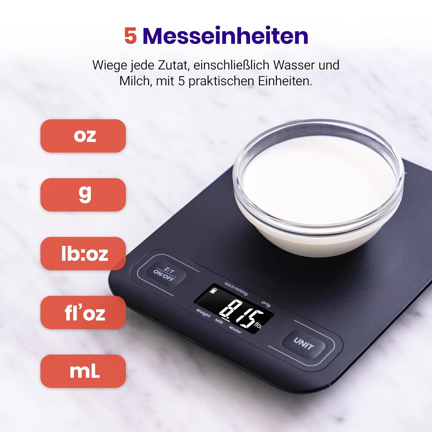 Etekcity Küchenwaage, Genauigkeit bis zu 1 g, Digitale Küchenwaage mit LCD-Display, verbesserte Tasten, Tara-Funktion, Küchenwaage zum Wiegen von Flüssigkeiten und Schmuck, 5 kg, 1 g, Schwarz – Bild 3