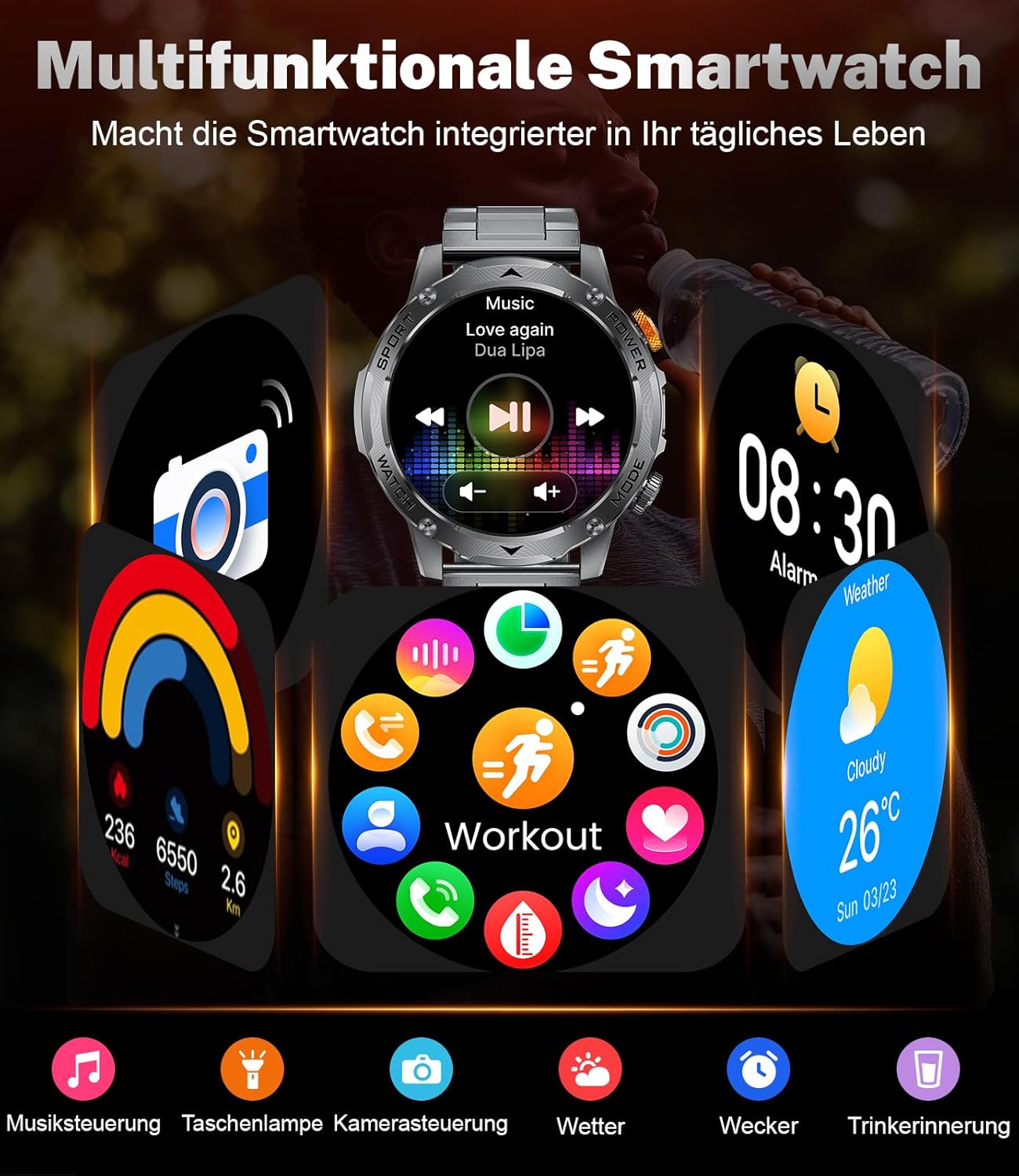 Smartwatch Herren Militär 1000 mAh Akku/1,75 Zoll HD großes Display, Smartwatch mit Taschenlampe/Bluetooth-Anrufe/130+ Sportmodi, IP68 wasserdichte Fitnessuhr mit Herzfrequenz-/Schlafmonitor, für Android iOS – Bild 8