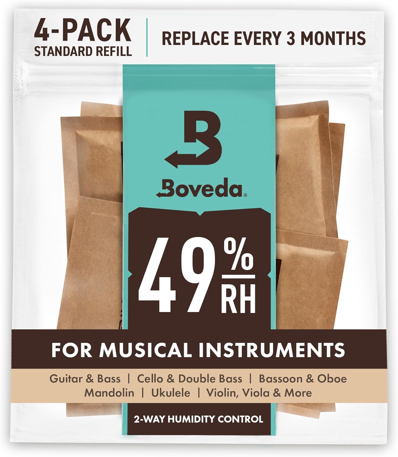 Boveda 49 % RH Zwei-Wege-Luftfeuchtigkeitskontrolle für Gitarren und Holzinstrumente – 4er-Pack