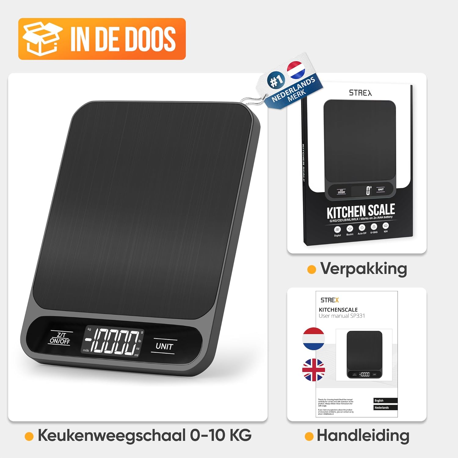 Strex Digitale Küchenwaage – 1 g bis 10 kg – Tarra-Funktion – inkl. Batterien – Schwarz – Bild 9