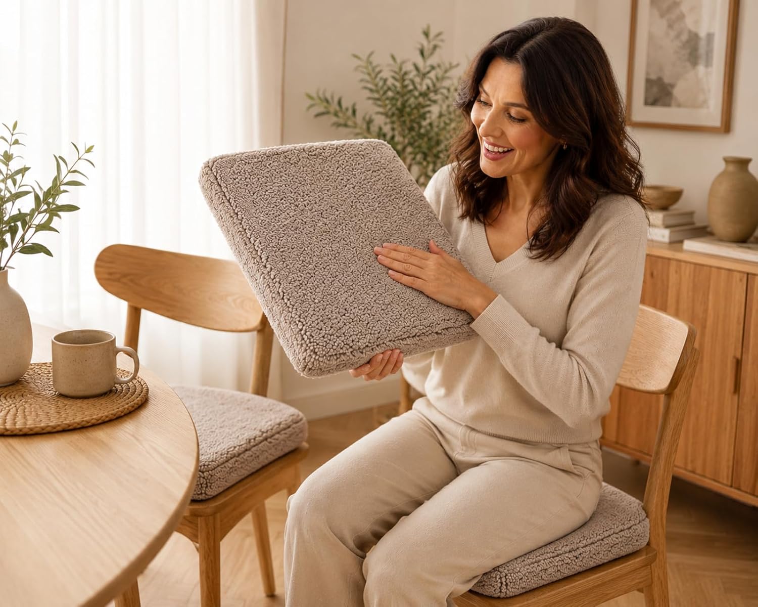 KAMACA 2er Set Sherpa Sitzkissen 39x39x4 cm Taupe – Weiche Stuhlkissen mit Schaumstofffüllung, Flauschige Sitzauflage, Komfort Sitzpolster für Küche, Esszimmer & Büro – Bild 4