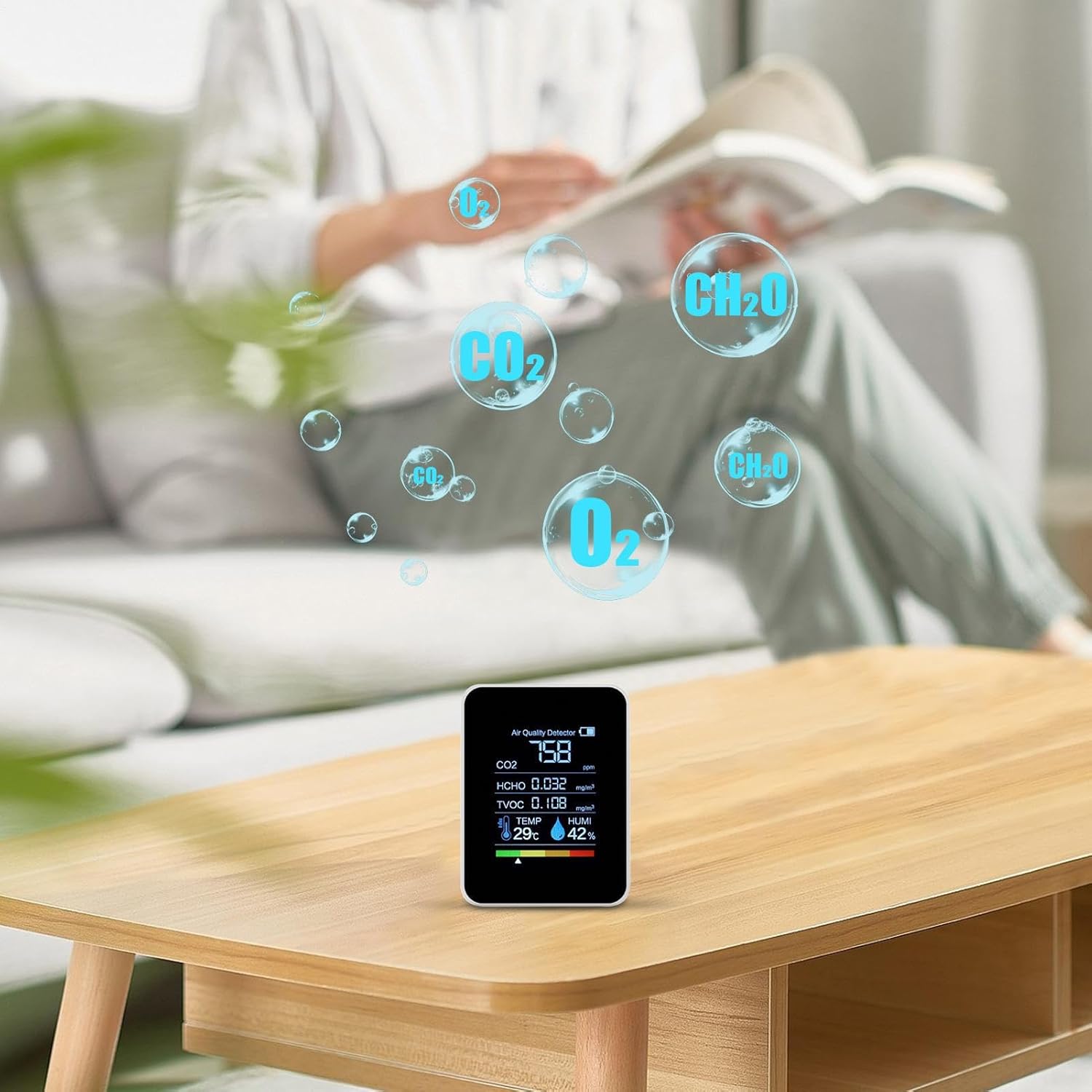 Luftqualitätsmonitor für den Innenraum – Luftdetektor-Tester, Co₂-Messung, Feinstaub PM2.5, VOC, Temperatur und Luftfeuchtigkeit, digitale Anzeige | Ideal für Zuhause, Büro, Schule – Bild 3