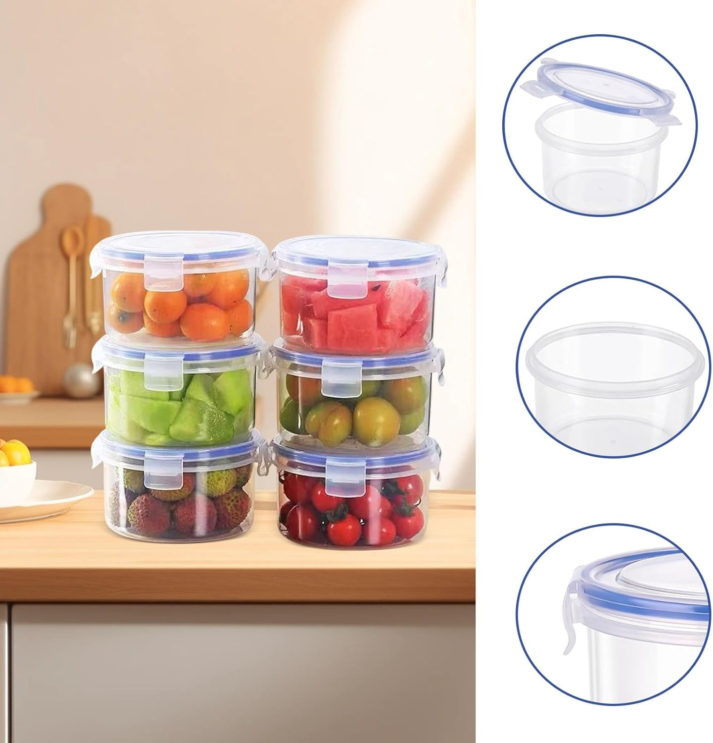 Frischhaltedosen mit Deckel, 6 Stück, 600 ml, luftdichte Frischhaltedosen, stapelbare runde Meal-Prep-Boxen, wiederverwendbare Kunststoffschüssel, luftdicht, auslaufsicher, Gefrierbehälter-Set (6 Behälter + 6 Deckel) – Bild 4