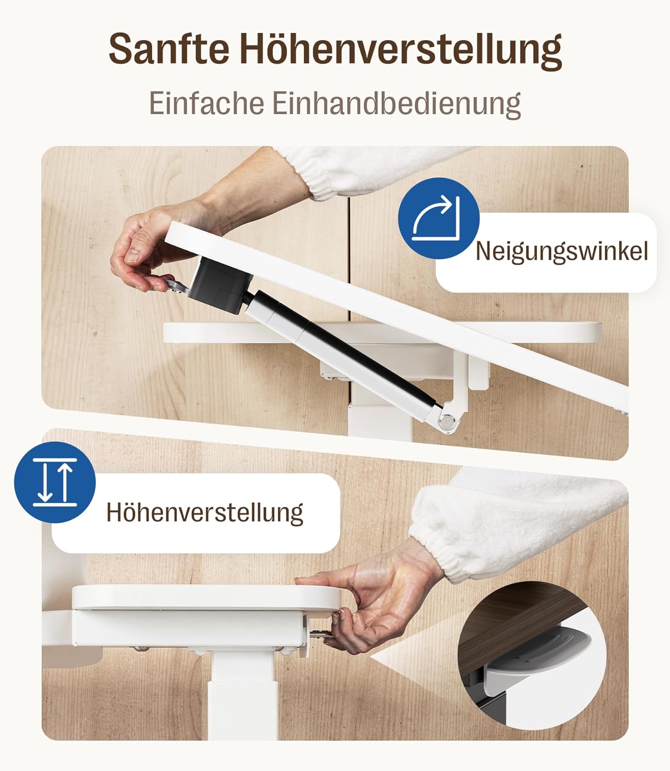 MAIDeSITe Beistelltisch mit Rollen, C-förmiger höhenverstellbarer Betttisch, 70 x 40 cm Stehtisch, mobiler Laptoptisch mit geteilter Tischplatte und verdeckten Rollen – Fit Dual – Bild 7