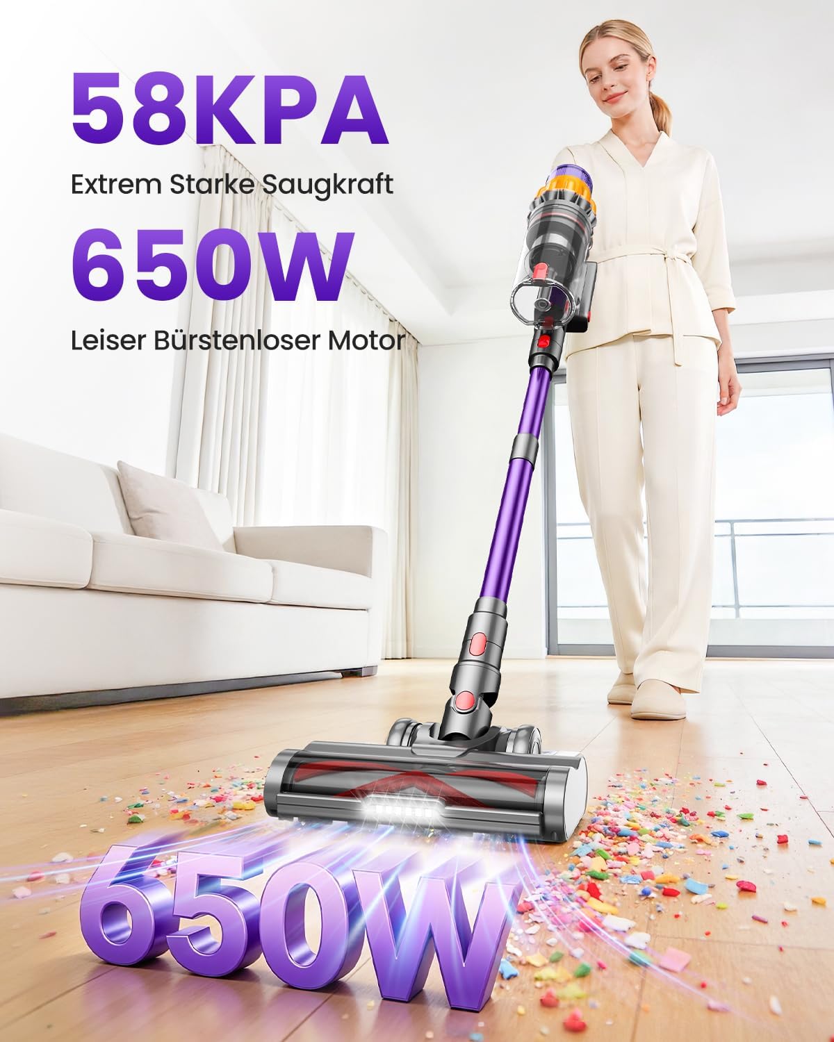 Akku-Staubsauger für Tierhaare, 2 Akkus, 150 Min. Laufzeit/58 KPA, 600 W, starke Saugleistung, Anti-Tangle-Bürste, selbststehend, leicht, kabellos, für Zuhause, Hunde und Katzen – Bild 3