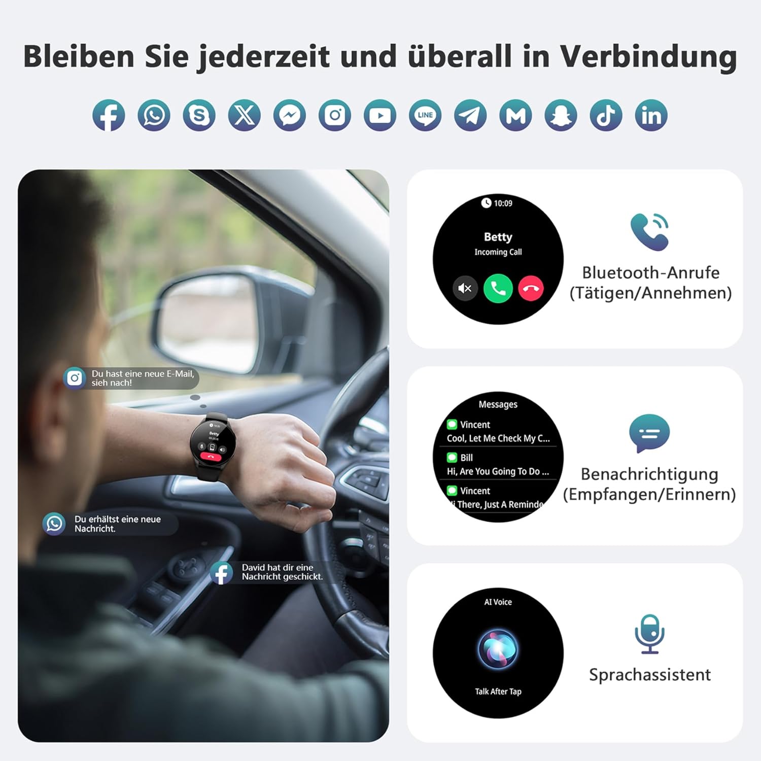 Blackview Smartwatch Herren Damen AMOLED-Bildschirm Virtuelle Always-On-Uhr Aktivieren/Empfangen Sportuhr mit Puls Schlaf SpO2 Schritte Kalorien Kilometer 2 Armbänder (Silikon/Nylon) für Android iOS – Bild 4