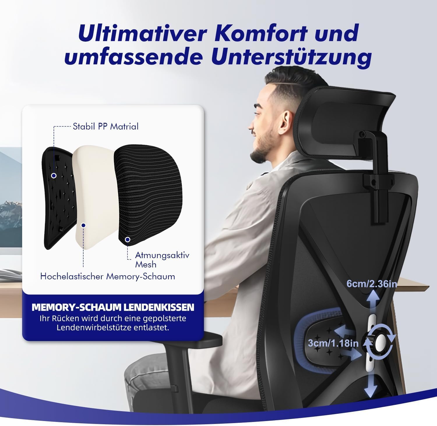 Daccormax Bürostuhl, Ergonomischer Schreibtischstuhl mit verstellbaren Armlehnen, weiche Lordosenstütze aus Naturschwamm und Kopfstütze, Chefsessel, Drehstuhl, Wippfunktion, 200 kg, Schwarz – Bild 2
