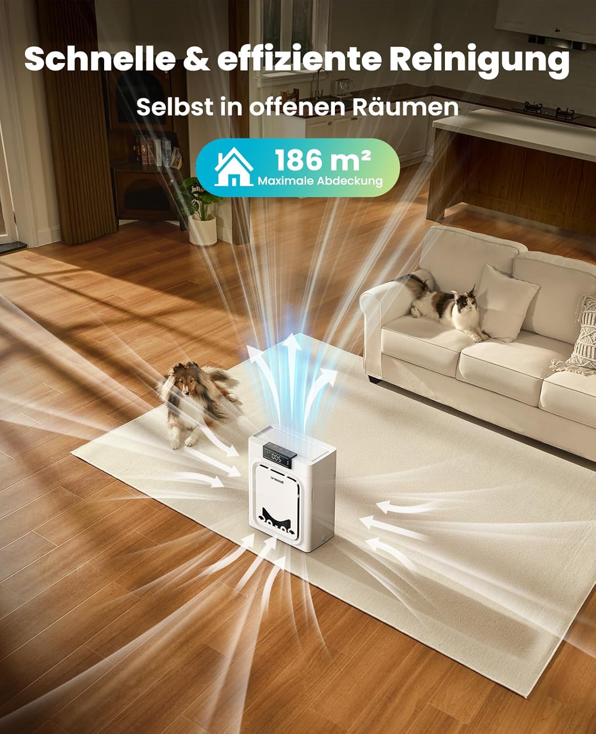 oneisall Luftreiniger mit waschbarem HEPA-Filter, CADR 320 m³/h, 204 m², 20 dB, leiser Luftreiniger für Allergiker, gegen 99,97 % Haustiere, Tierhaare, Hautschuppen, Pollen, PM2,5, Staub, Schimmel, Gerüche – Bild 3