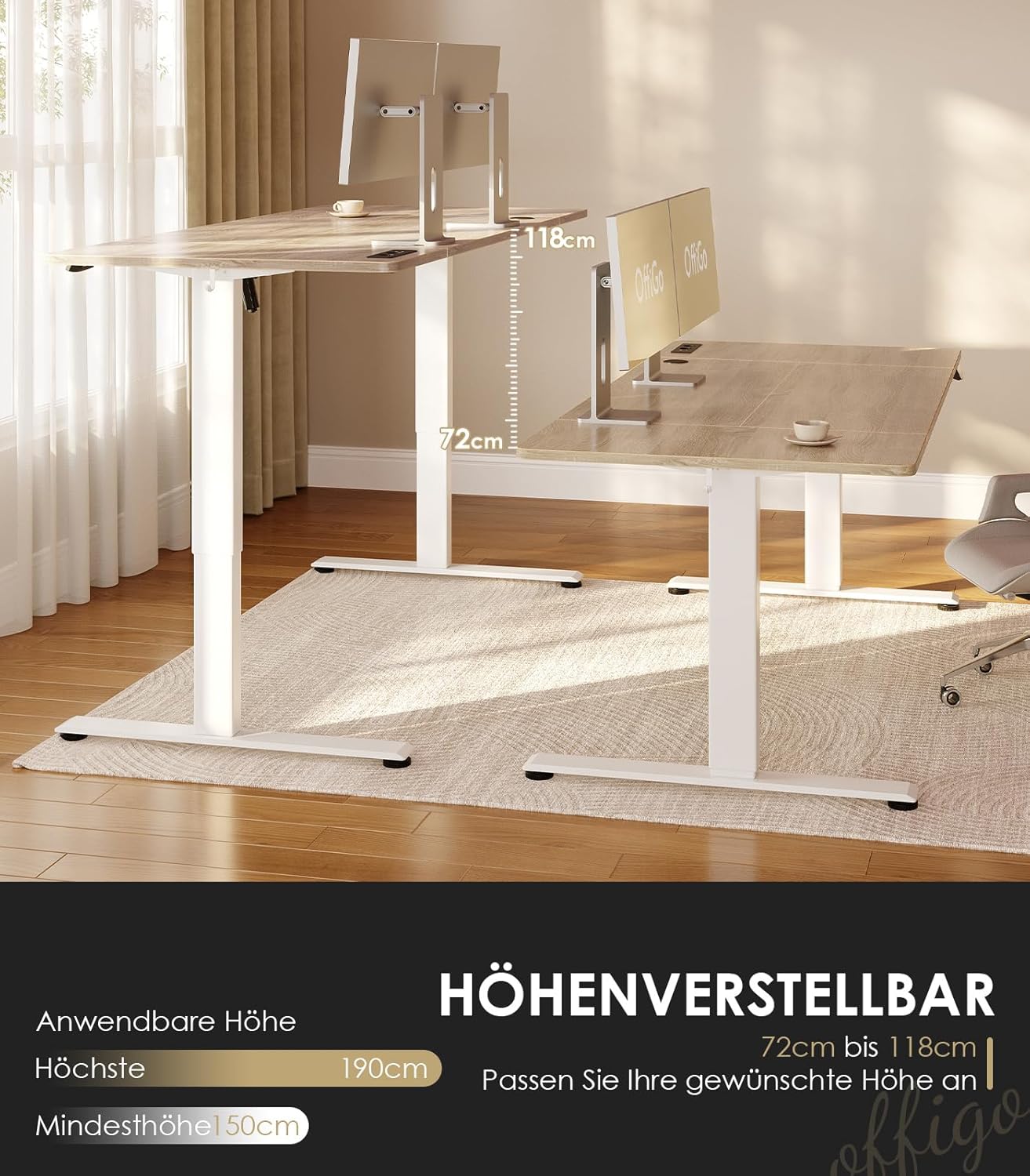 OffiGo höhenverstellbarer Schreibtisch, 200 x 80 cm, elektrischer Schreibtisch mit Steckdosen und USB-Ladeanschluss, Tisch höhenverstellbar mit 2 Memory-Funktionen, Computertisch für Büro, Zuhause, Beige – Bild 3