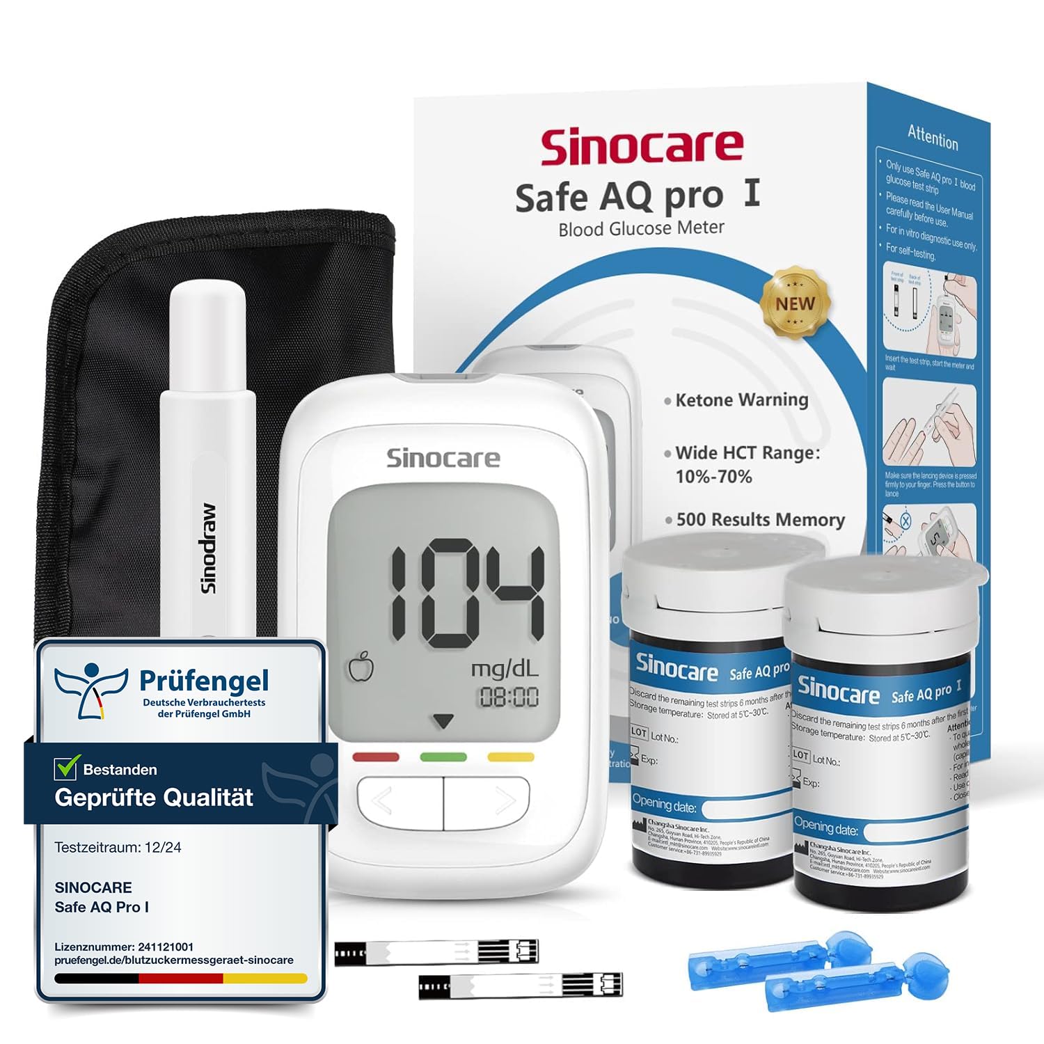 sinocare Blutzuckermessgerät-Set, Upgrade-Zuckermessgerät mit Teststreifen 50, Starter- und ältere Bedienungsfreundlich (Safe AQ Pro I Blutzuckermessgerät-Set 50)