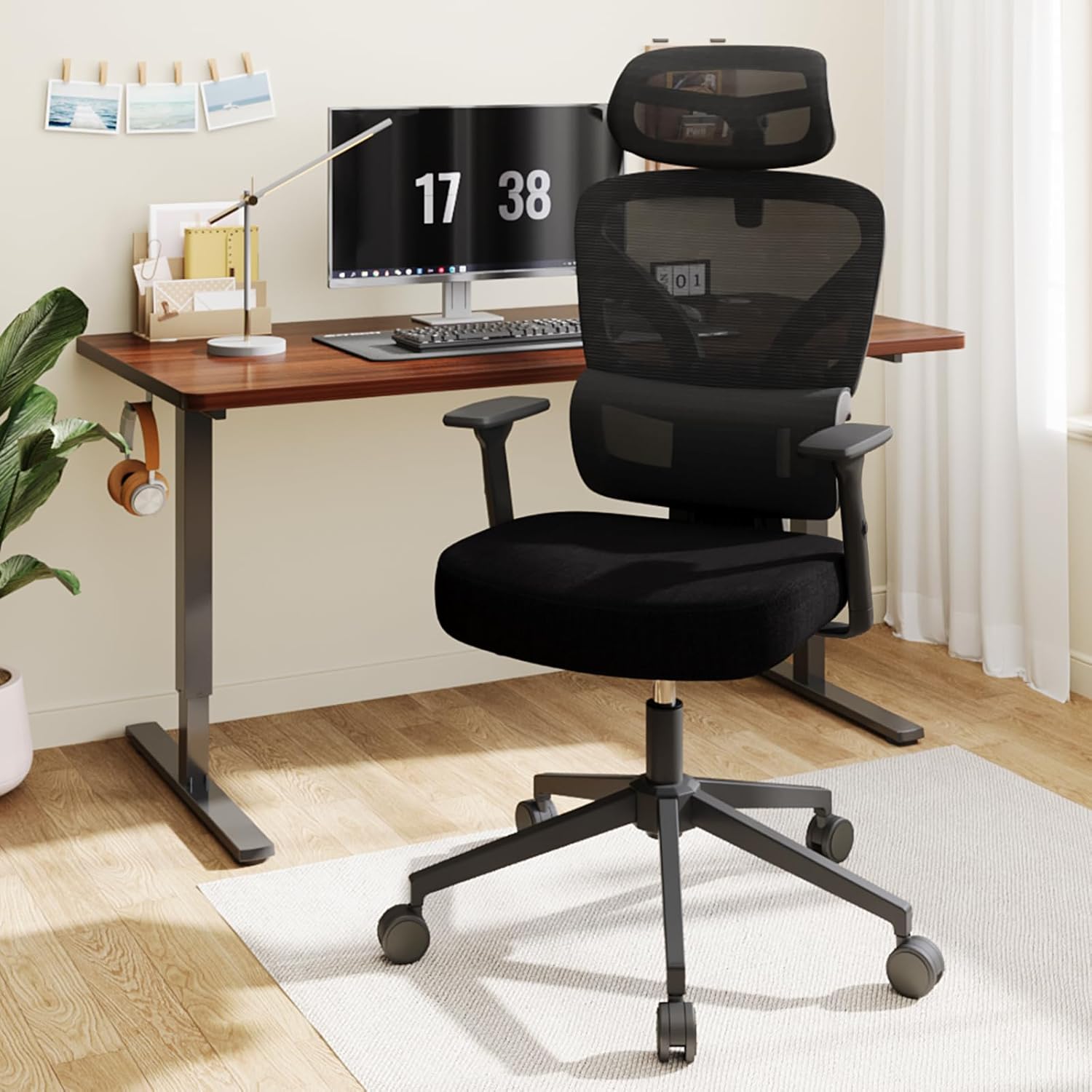 Bürostuhl, Schreibtischstuhl mit 3D-Armlehnen, ergonomischer Stuhl mit verstellbarer Netz-Kopfstütze, adaptive Lordosenstütze, Netzstuhl für Heimbüro-Gaming, Schwarz – Bild 2