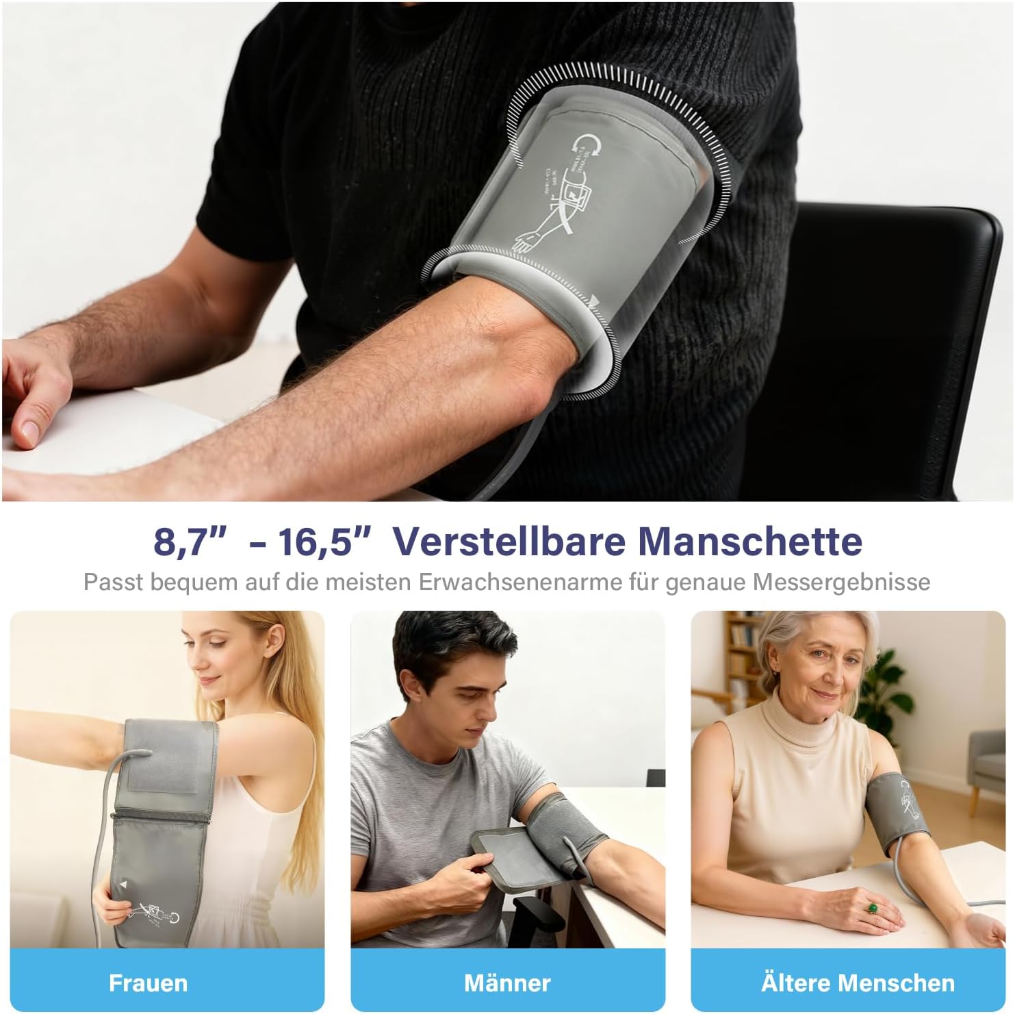 AILE X6 Oberarm-Blutdruckmessgerät (22–42 cm) – Automatisches Oberarm-Blutdruckmessgerät, klinische Präzision ±3 mmHg, 3-farbige Hintergrundbeleuchtung, großes LCD, 2 x 99 Speicher, Arrhythmie-Erkennung – Bild 5