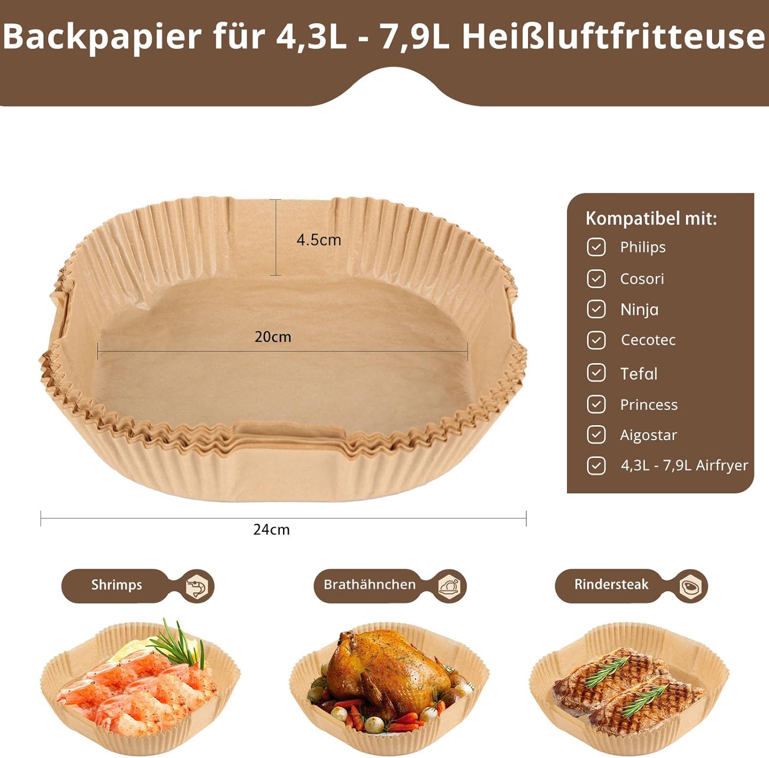 150 Stück Backpapier für Heißluftfritteuse XL XXL, 4,3 l – 7,9 l, Airfryer, Einwegpapier, 20–24 cm, Pergamentpapier-Einlage, Zubehör, kompatibel mit Philips Russell Hobbs Ninja Cosori Airfryer – Bild 2
