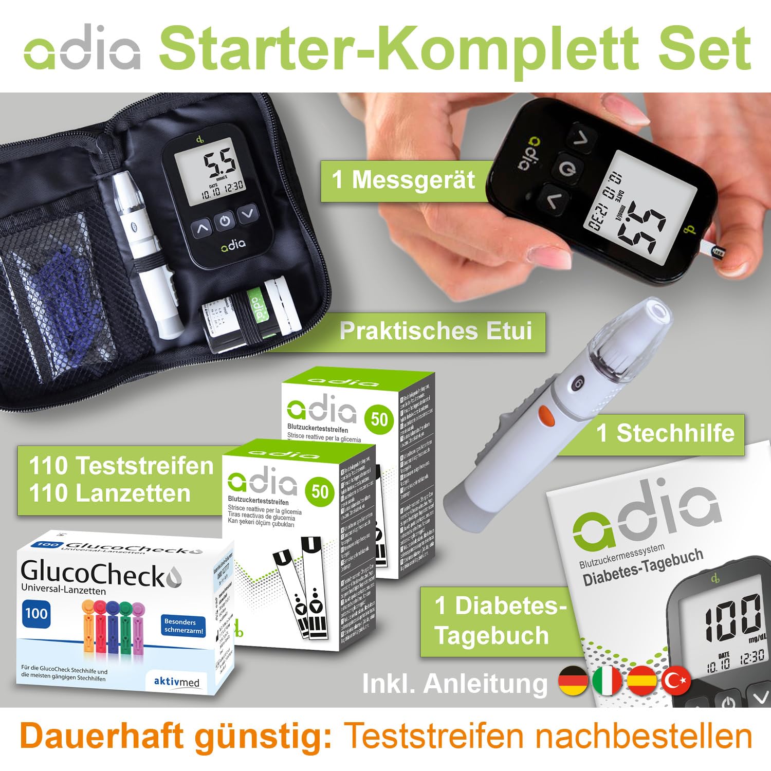 Maxi Value Set adia Blutzuckermessgerät (mmol/L, internationale Einheit) + 110 Blutzuckerteststreifen, 110 Lanzetten, Stechhilfe & Etui – zur Blutzucker-Selbstkontrolle bei Diabetes – Bild 2
