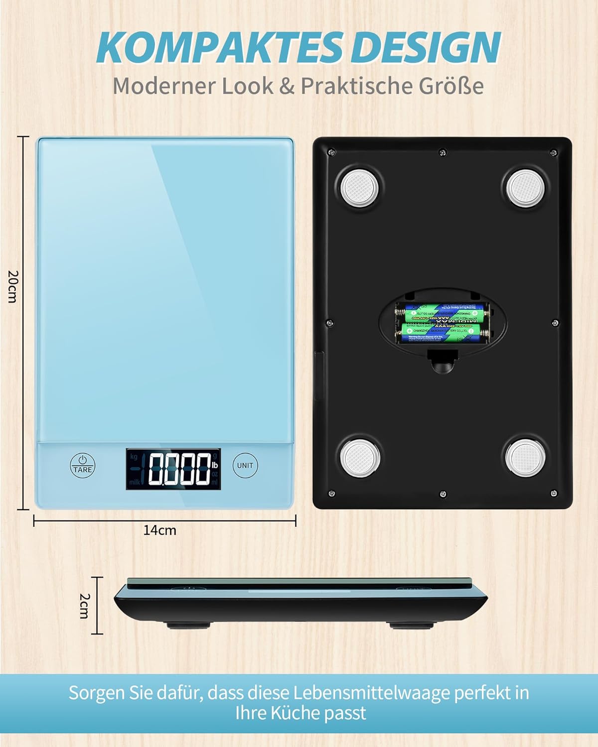 Digitale Küchenwaage, 10 kg, Glas, elektronische Haushaltswaage zum Backen, Tara-Funktion, Touch-Taste, 1 g Genauigkeit, blau – Bild 4