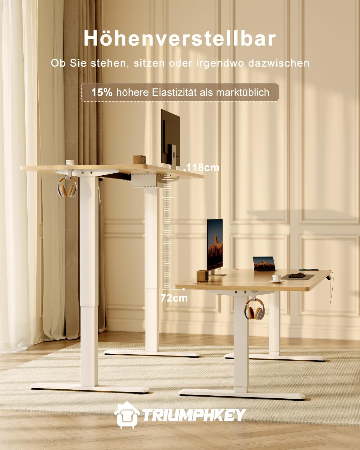TRIUMPHKEY Höhenverstellbarer Schreibtisch, 160 x 80 cm, mit USB-Ladeanschluss, 3 Speichersteuerungen, höhenverstellbarer Schreibtisch mit Kabelbox, Computertisch, Stehpult, Beige – Bild 4