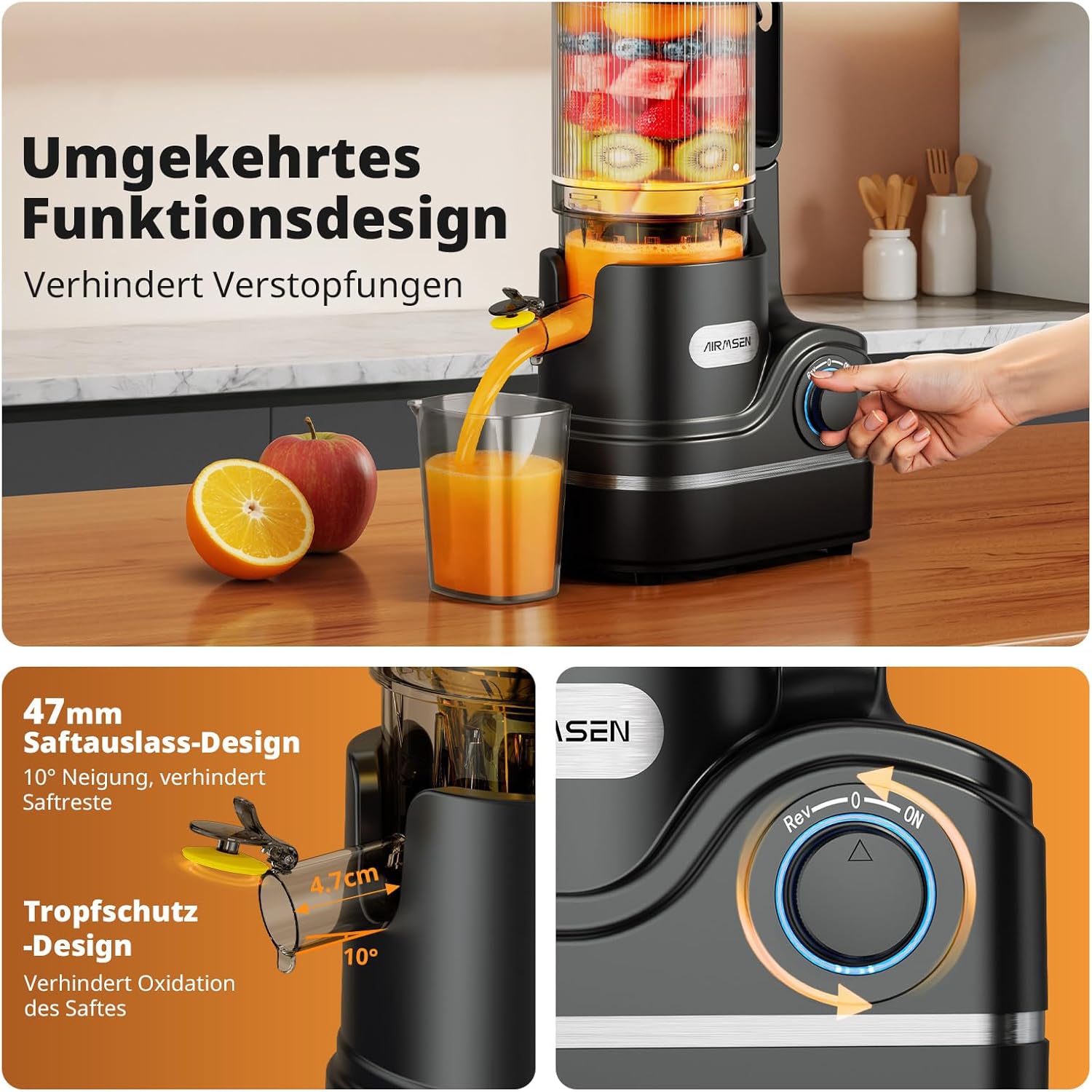 AIRMSEN Entsafter – Slow Juicer mit 147 mm extra großem Einfüllschacht, 2,1 l Fassungsvermögen, 300 W Motor, 7+1 Stufen, verbesserte langsame Spirale, hohe Saftausbeute für ganze Früchte und Gemüse, schwarz – Bild 7
