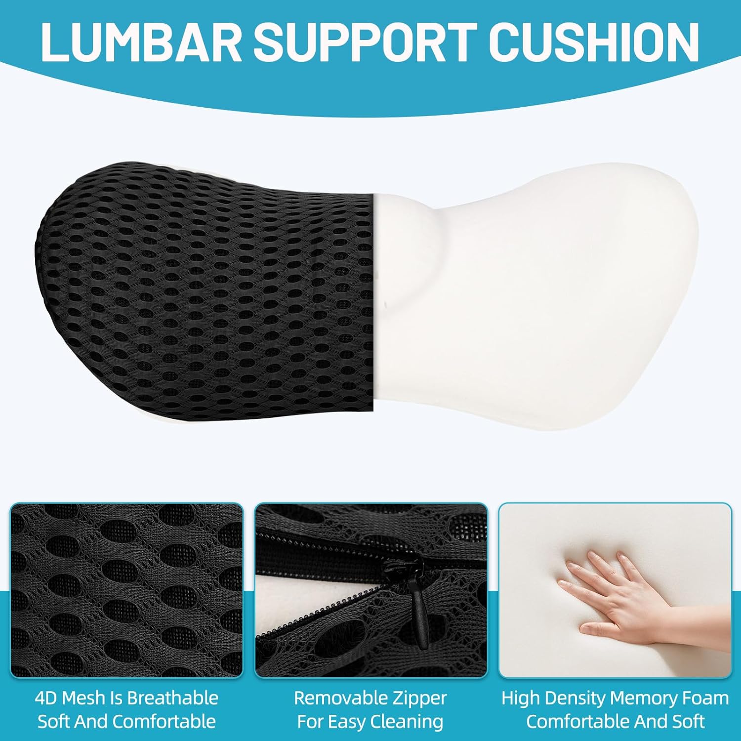 Lendenkissen aus Memory-Schaum, ergonomisches Rückenkissen, Lendenkissen, Rückenstützkissen mit atmungsaktivem Bezug & verstellbarem Gurt, Rückenkissen für Auto, Bürostuhl, Bett, Sofa (schwarz) – Bild 3