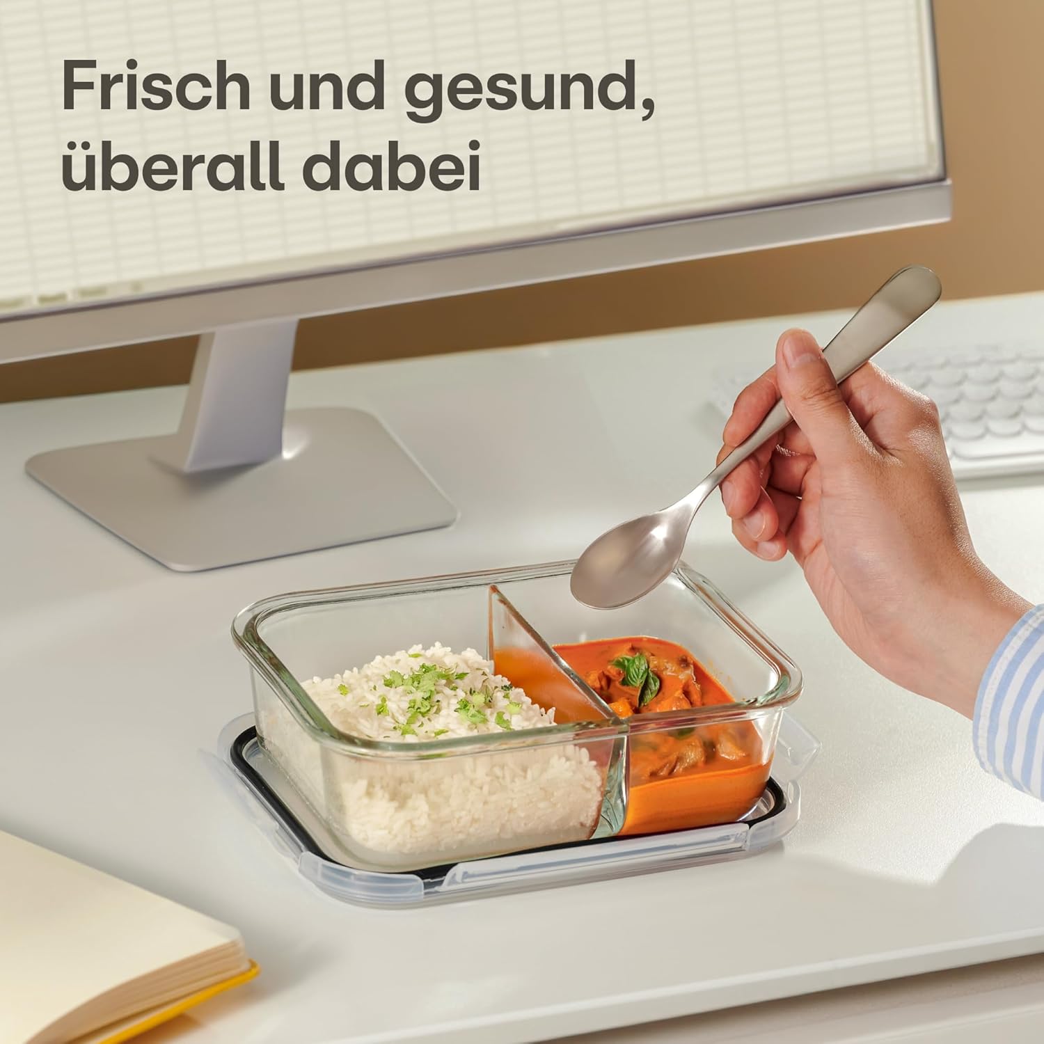 Praknu Meal-Prep-Boxen aus Glas, 2 Fächer – Set mit 2 Meal-Prep-Behältern 1 l – luftdichter Glasbehälter mit Deckel – geeignet für Spülmaschine, Mikrowelle und Backofen – Meal-Prep-Boxen – Lebensmittel-Aufbewahrungsbehälter aus Glas – Bild 7