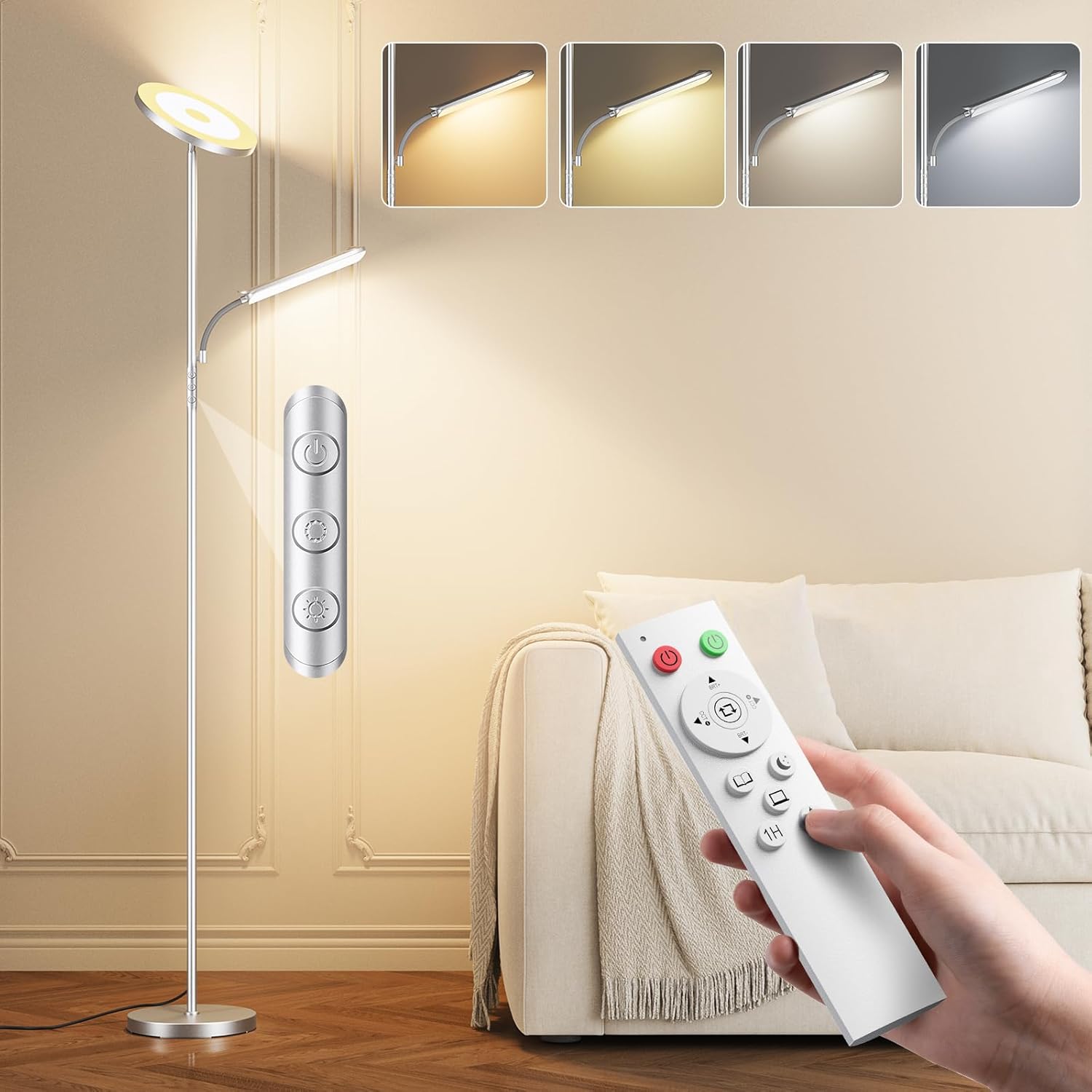 Wohnzimmer-Stehlampe, 42 W Deckenfluter mit Leselampe, 4200 LM LED-Stehlampe, dimmbar mit 2700 K-6500 K Farbtemperatur, moderne Stehlampe mit Fernbedienung und Touch-Steuerung – Bild 2