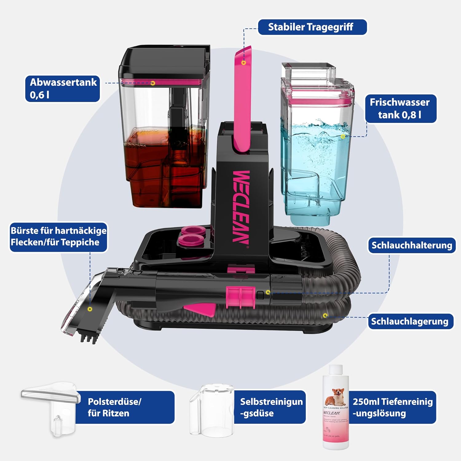 WECLEAN Staubsauger für Teppiche und Polster, tragbarer Nass- und Trockensauger mit 350-W-Motor und 2-Tank-System, ideal für Auto, Couch und hartnäckige Flecken, Schwarz und Rosa – Bild 3