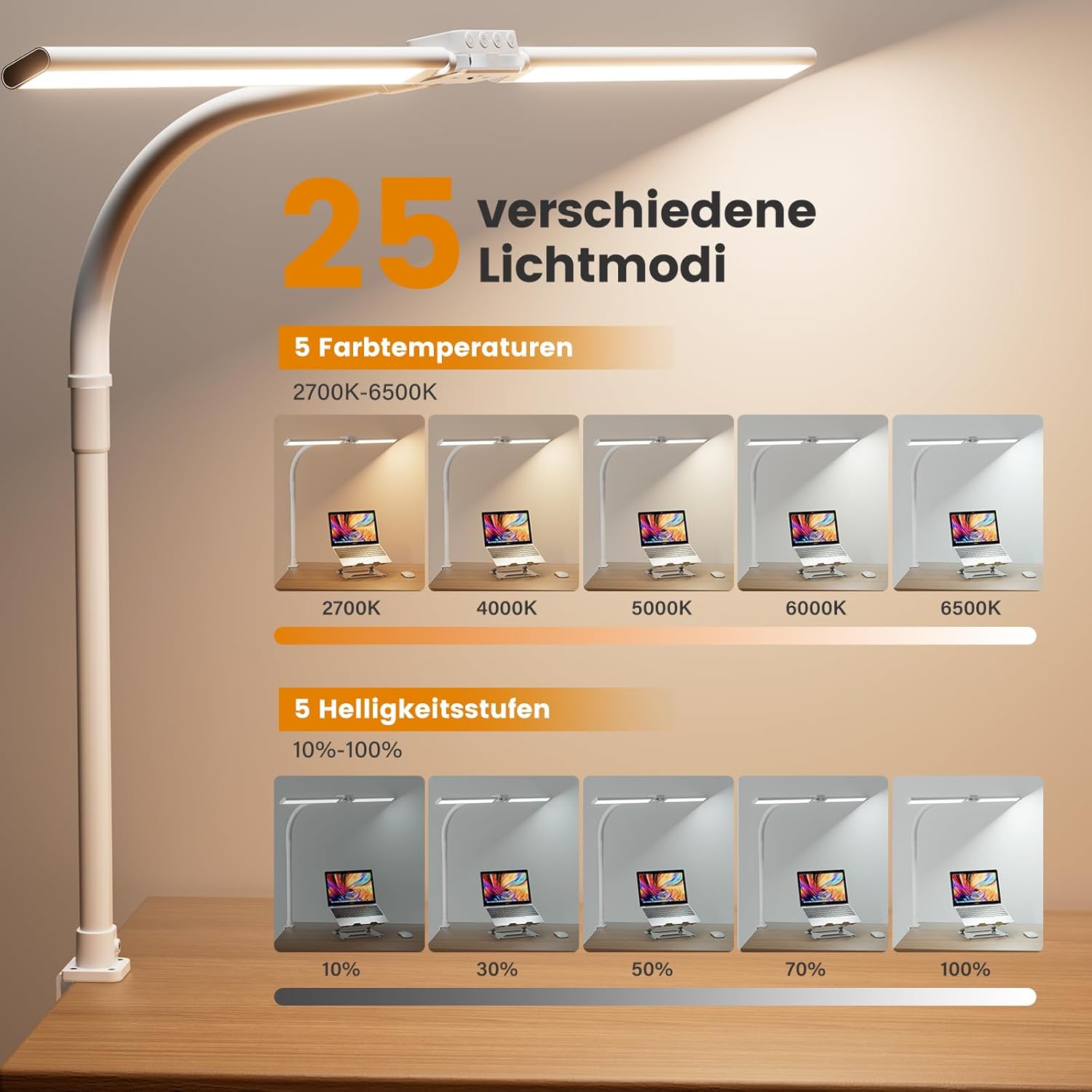 SIBRILLE Doppelkopf-Schreibtischlampe LED dimmbar, klemmbare Monitorlampe, Tageslichtlampe für Büro, Augenschutz-PC-Lampe, Tischlampe mit Schwanenhals weiß – Bild 3