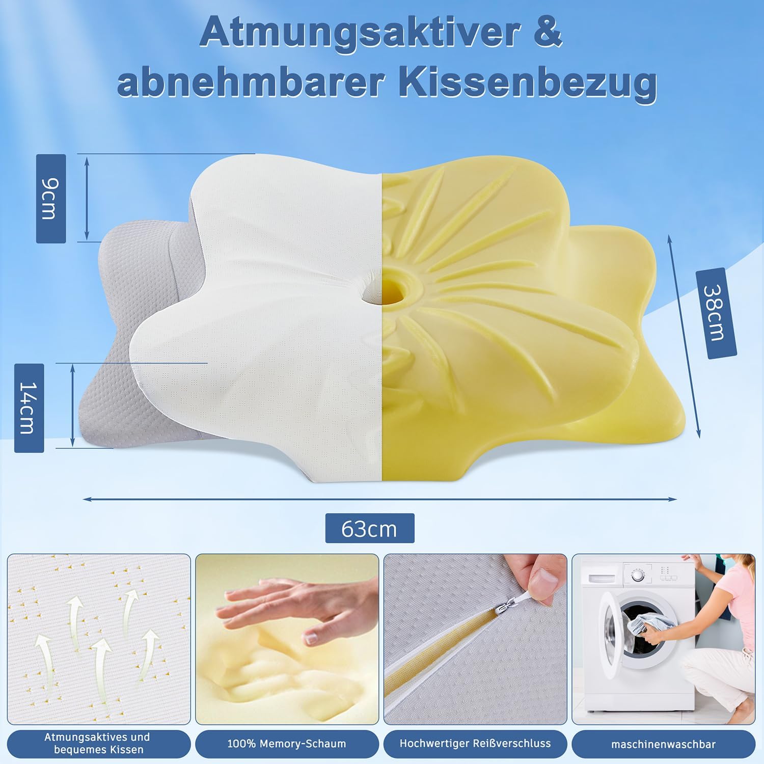 DONAMA Memory Foam Nackenkissen Ergonomisch, Kopfkissen mit Armauflage & Zwei Höhen, Kühlend & Atmungsaktiv, 6-Zonen-Kontur, Nackenstützung für alle Schlafpositionen – Bild 5